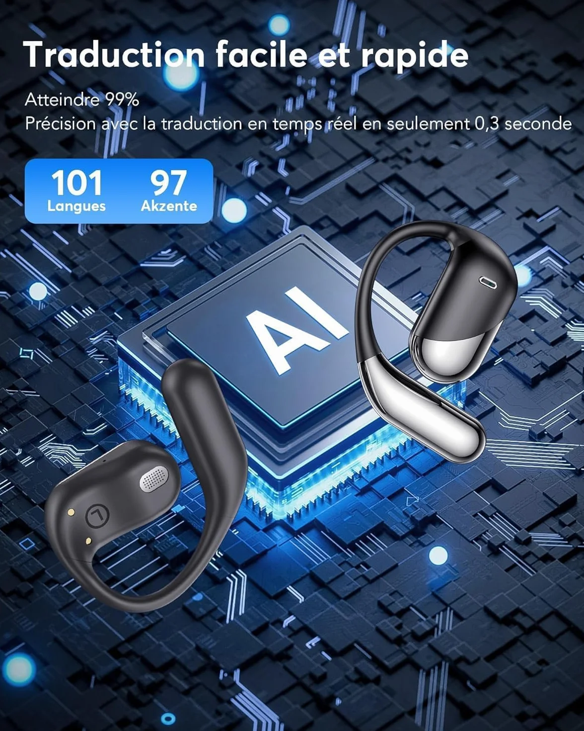 Oreillette de Traduction Instantanée 3 en 1, Bluetooth 6.1, 198 Langues, Autonomie 80 Heures