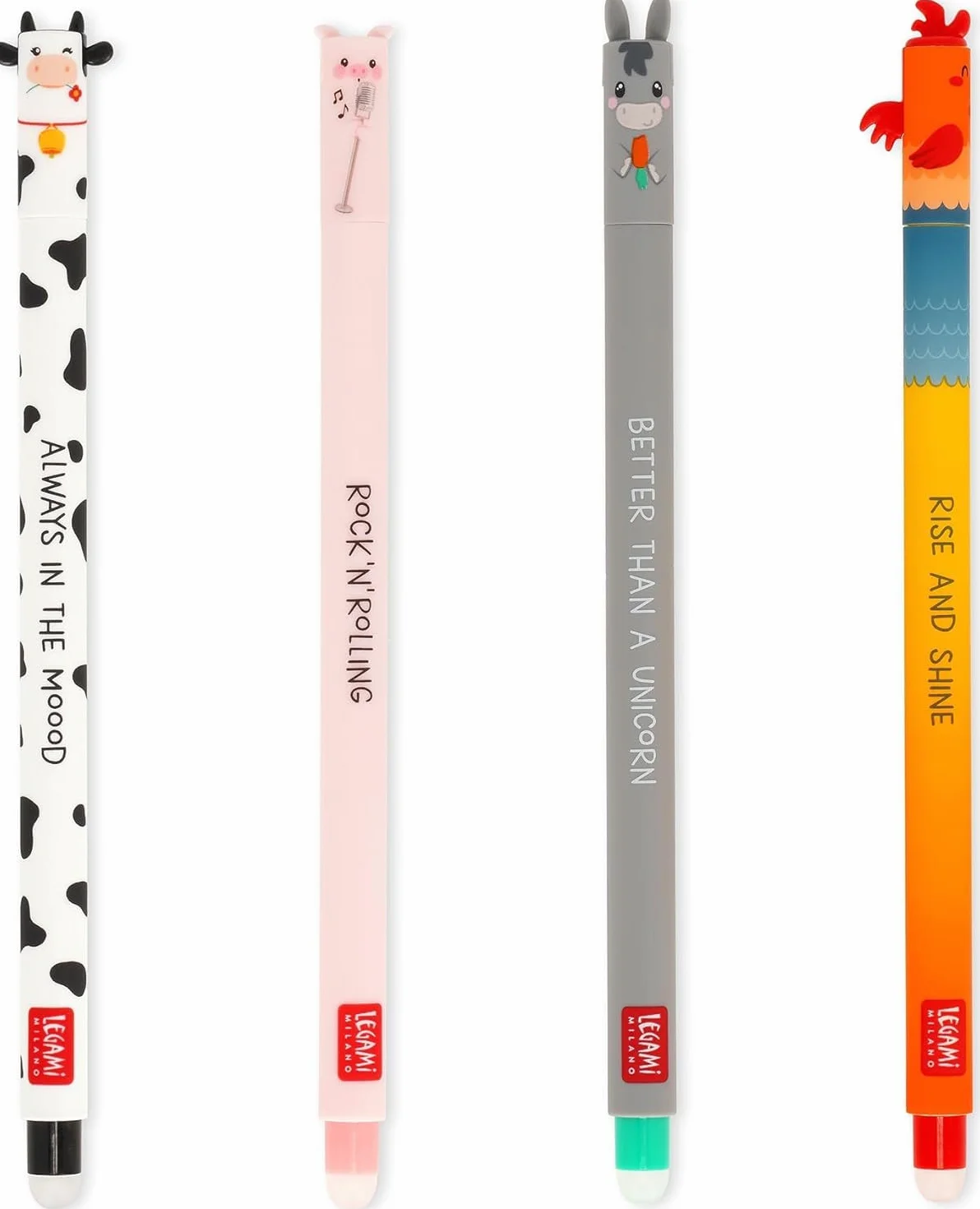 LEGAMI Set of 4 Farm Sweet Farm Erasable Gel Pens 0.7 mm Black Pink Green Red