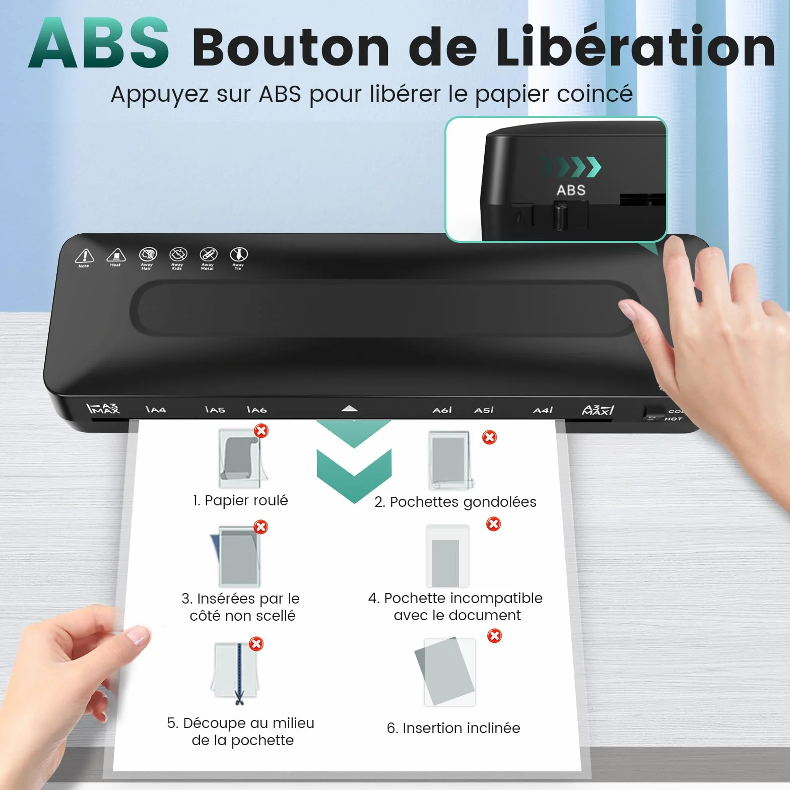 Plastifieuse A3 5 en 1 Machine à Plastifier Thermique et à Froid avec Pochettes A3/A4/A5/A6, Coupe-papier et Arrondisseur d'angle