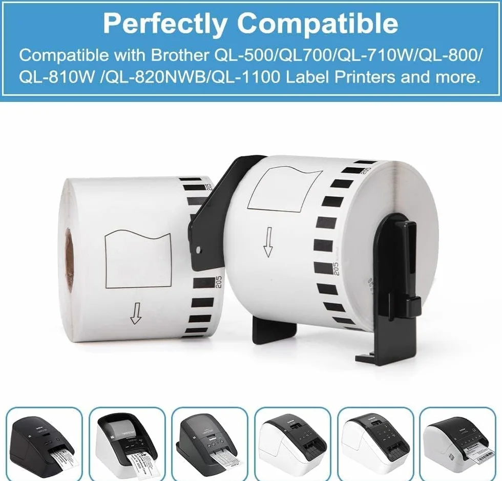 Brother QL-500 QL-600 QL-700 QL-800 QL-810W QL-820NWB 62 mm x 30,48 m Lot de 10 étiquettes autocollantes noir sur blanc