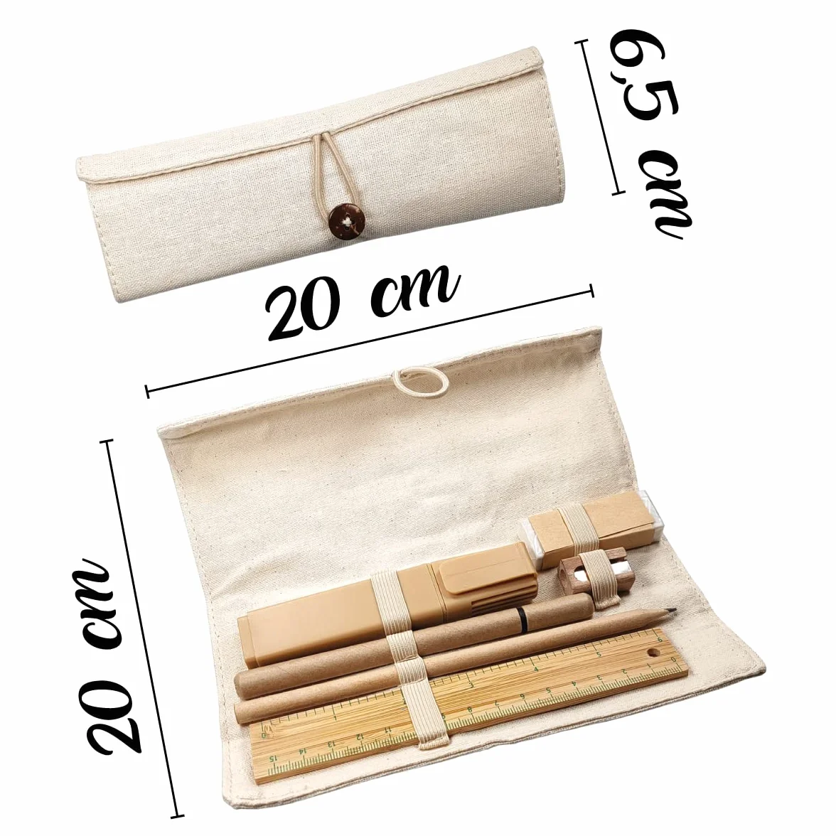 Set Écriture ECO Kit Étiquette Lin Carton Bambou Étui Enroulable Effacement Règle Crayon Stylo Temperamatite Caoutchouc Marqueur