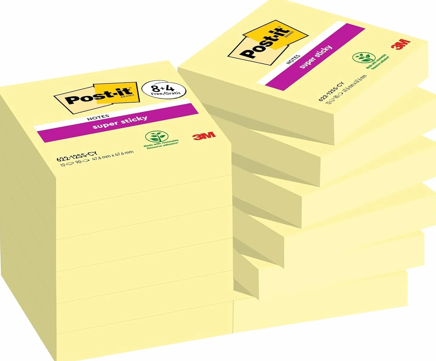 Post-it Notes Autocollantes Super Sticky, Pack Promo 8 Blocs + 4 Gratuits, 90 Feuilles par Bloc, 47,6 mm x 47,6 mm