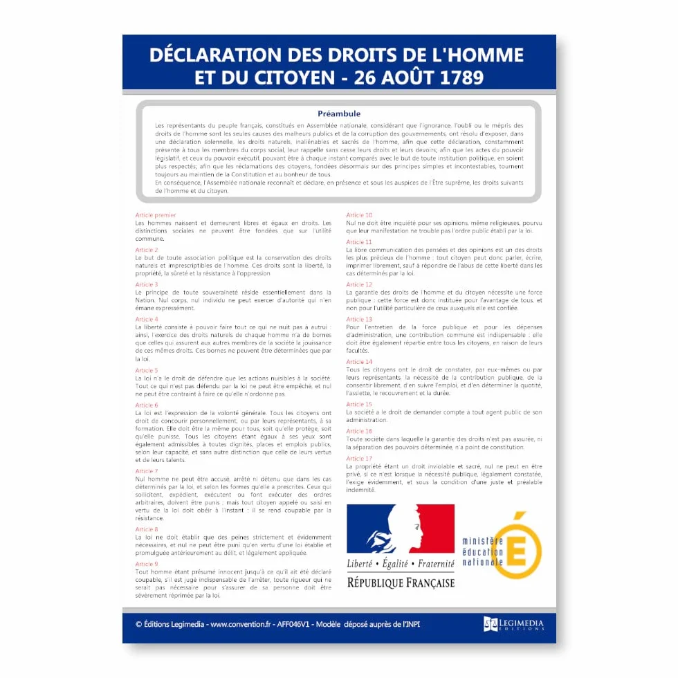 Affichage Déclaration des droits de l'homme et du citoyen - Plastifié - Kit de fixation inclus - Fabriqué en France