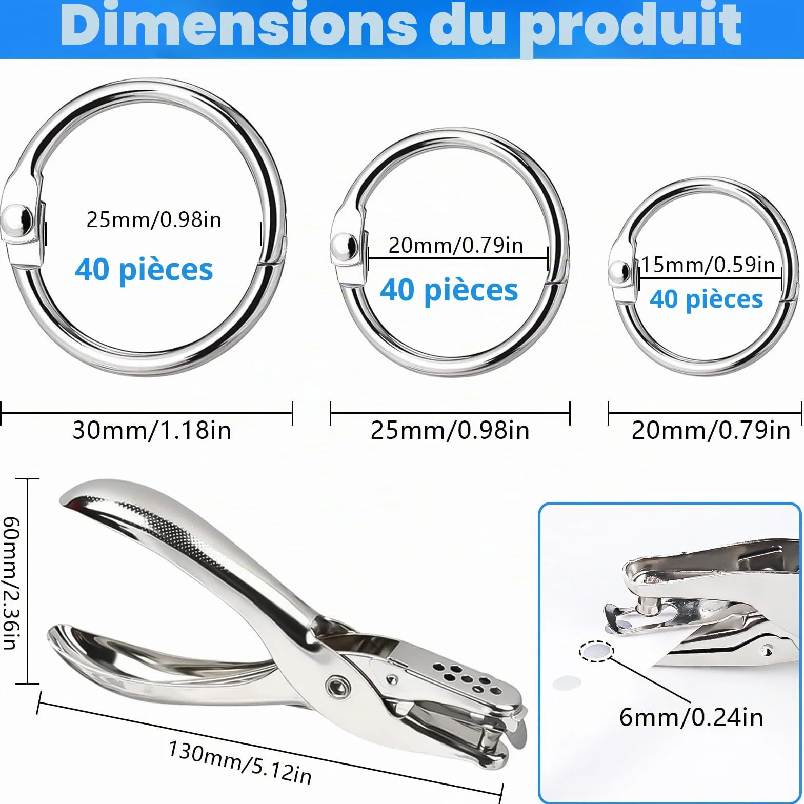 Anneaux de Reliure en Metal 15/20/25mm avec Perforeuse pour Cahier Scrapbooking Classeur