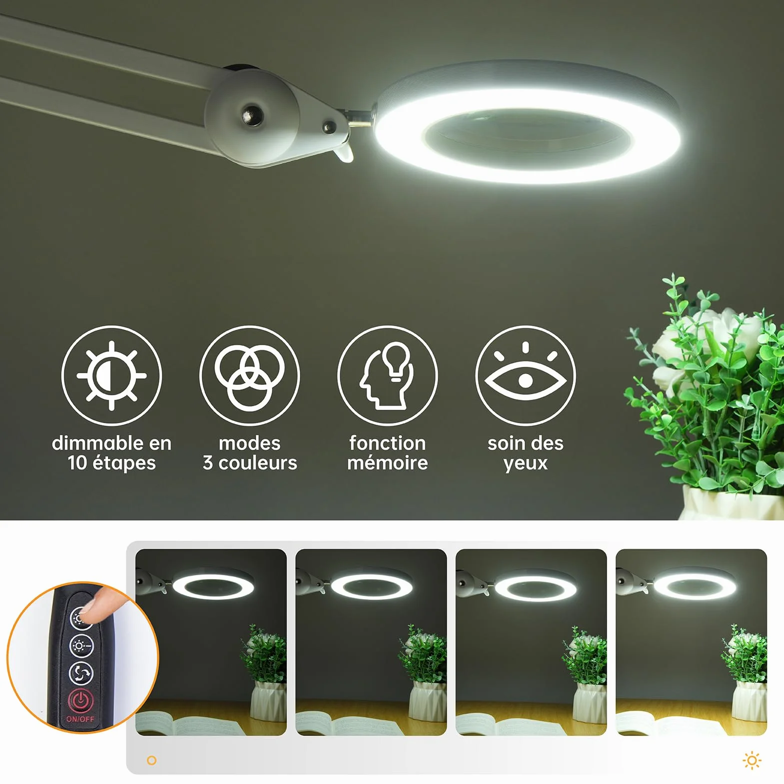 Lampe Loupe LED 5 Dioptries Lumière Travail Lentille Verre 105 mm Bras Pivotant Pince Table Dimmable 3 Températures