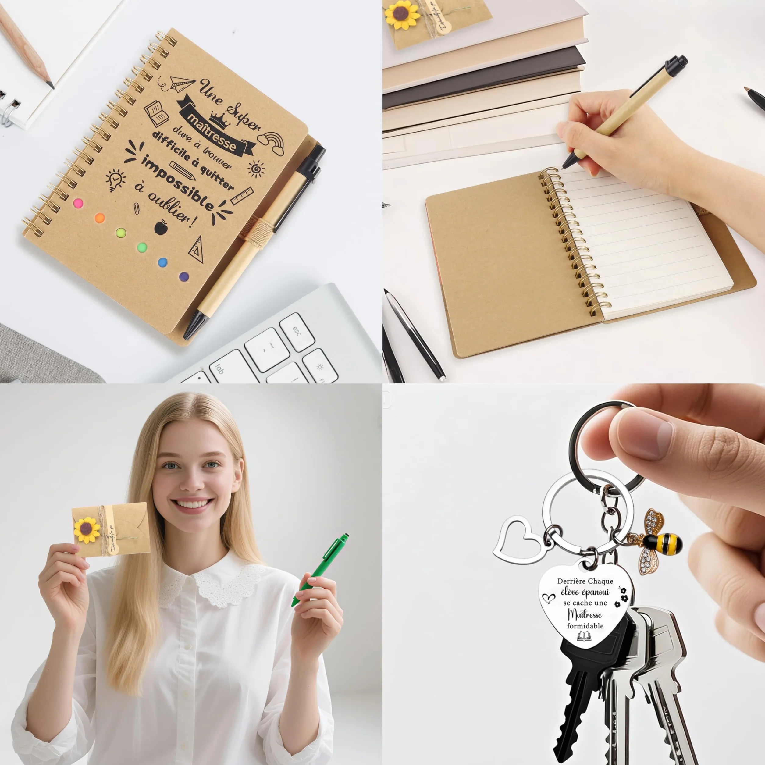 Merclix Cadeau Maîtresse d'École Porte Clef Stylo Carnet Fin d'Année Noel Retraite Anniversaire