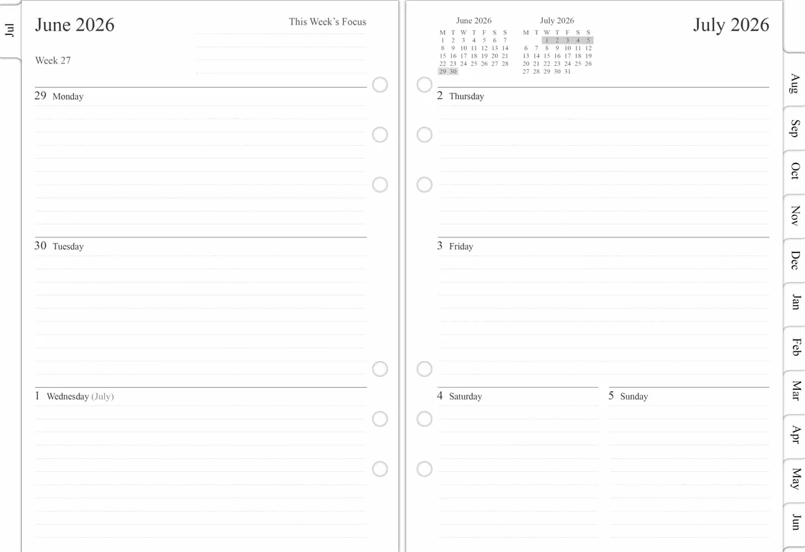 Agenda Semainier A5 2026-2027 Recharge Compatible Filofax