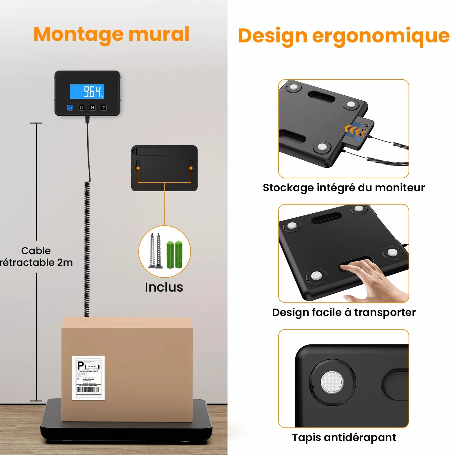 Balance Colis Pese Personne 200kg, Balance Professionnelle de Precision avec Fonction Maintien & Tare, Pese Colis et Bagages avec Écran LCD Mural, Secteur ou Batterie