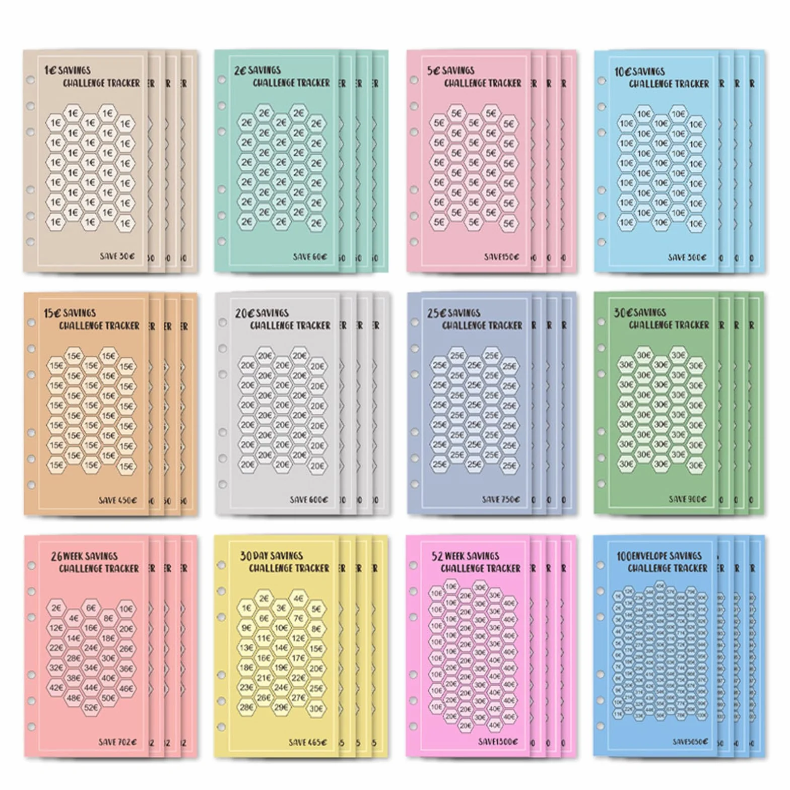 Lot de 48 Feuilles de Budget A6, Classeur Budget Set de Défi, Suivi de Budget 6 Trous Tracker