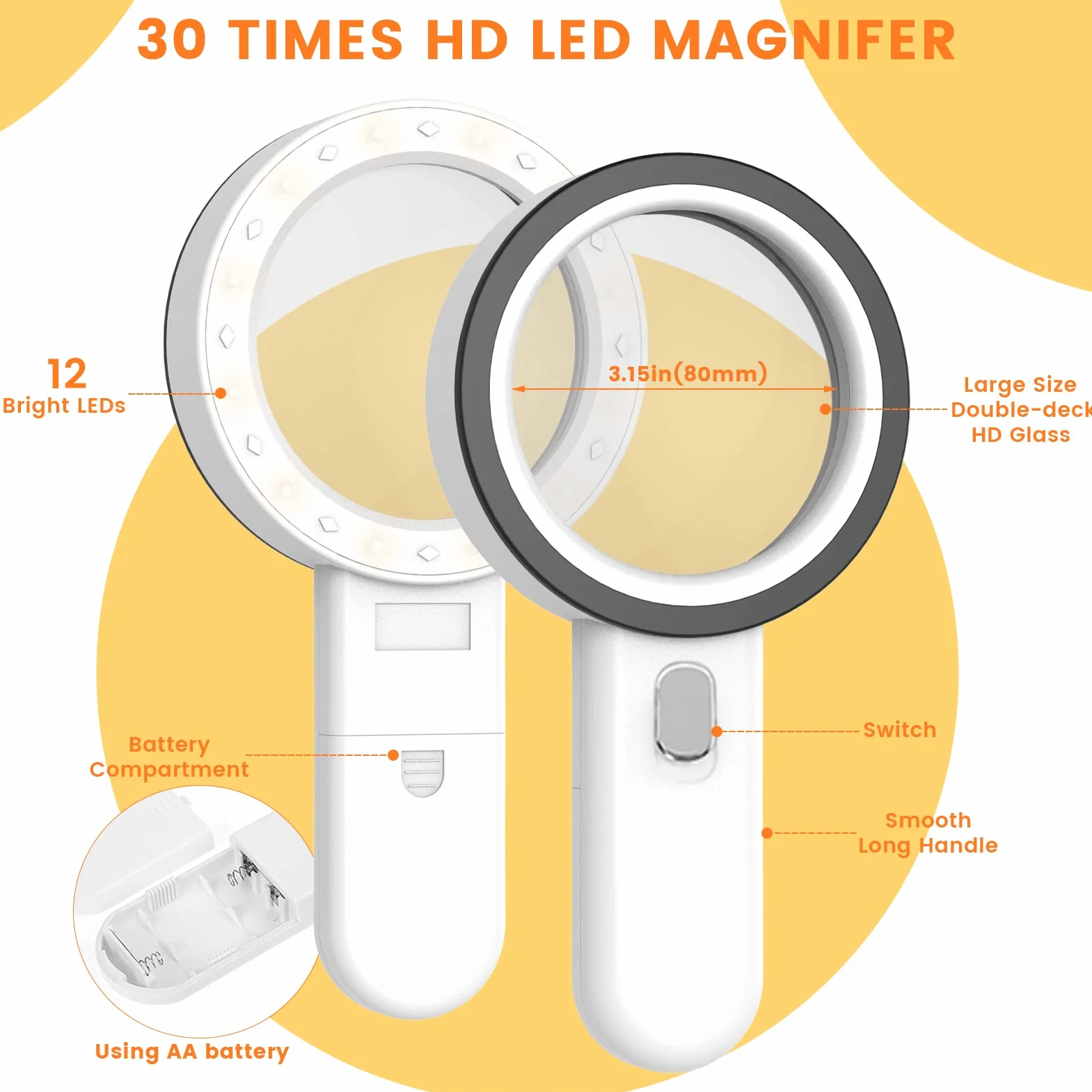 Loupe Grossissante avec 12 LED Lumière, Loupe Eclairante à Main pour Lecture, Bijoux, Seniors, Malvoyant, Observations et Travaux Manuels Blanc