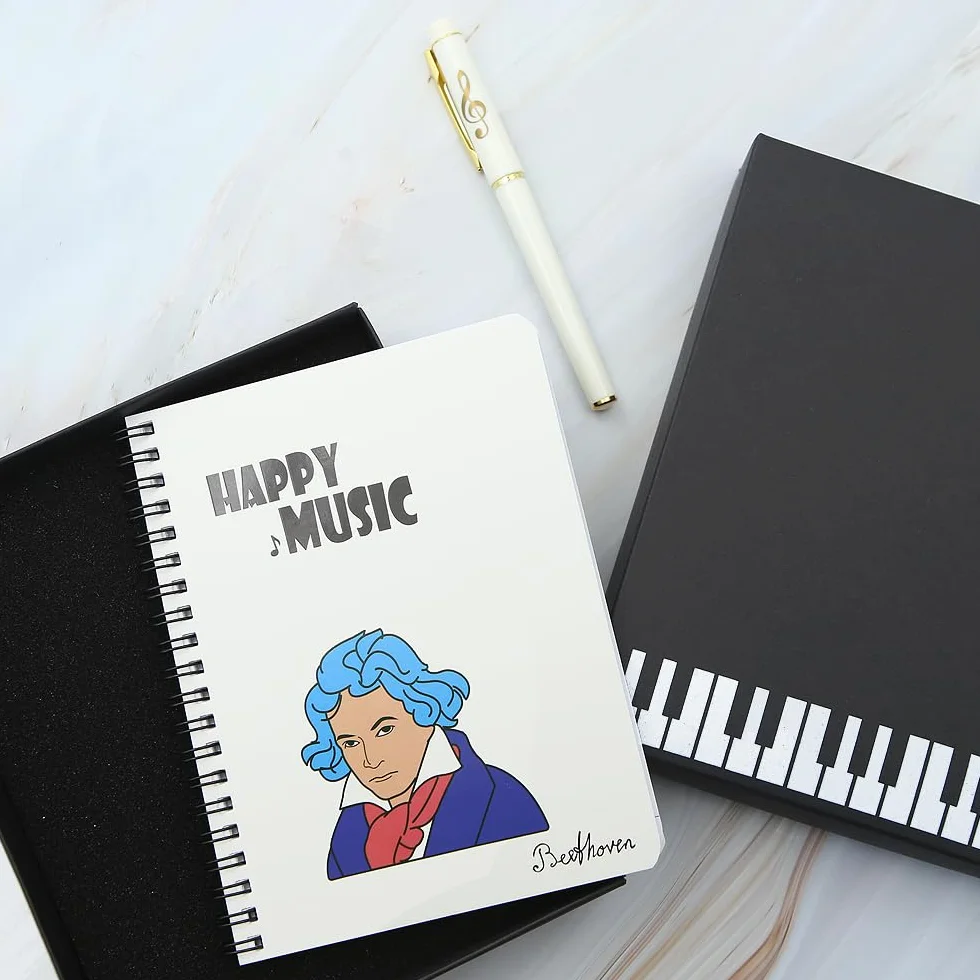 Coffret cadeau papeterie piano musical, carnet spirale feuilles mobiles stylo bille bureau école étudiant