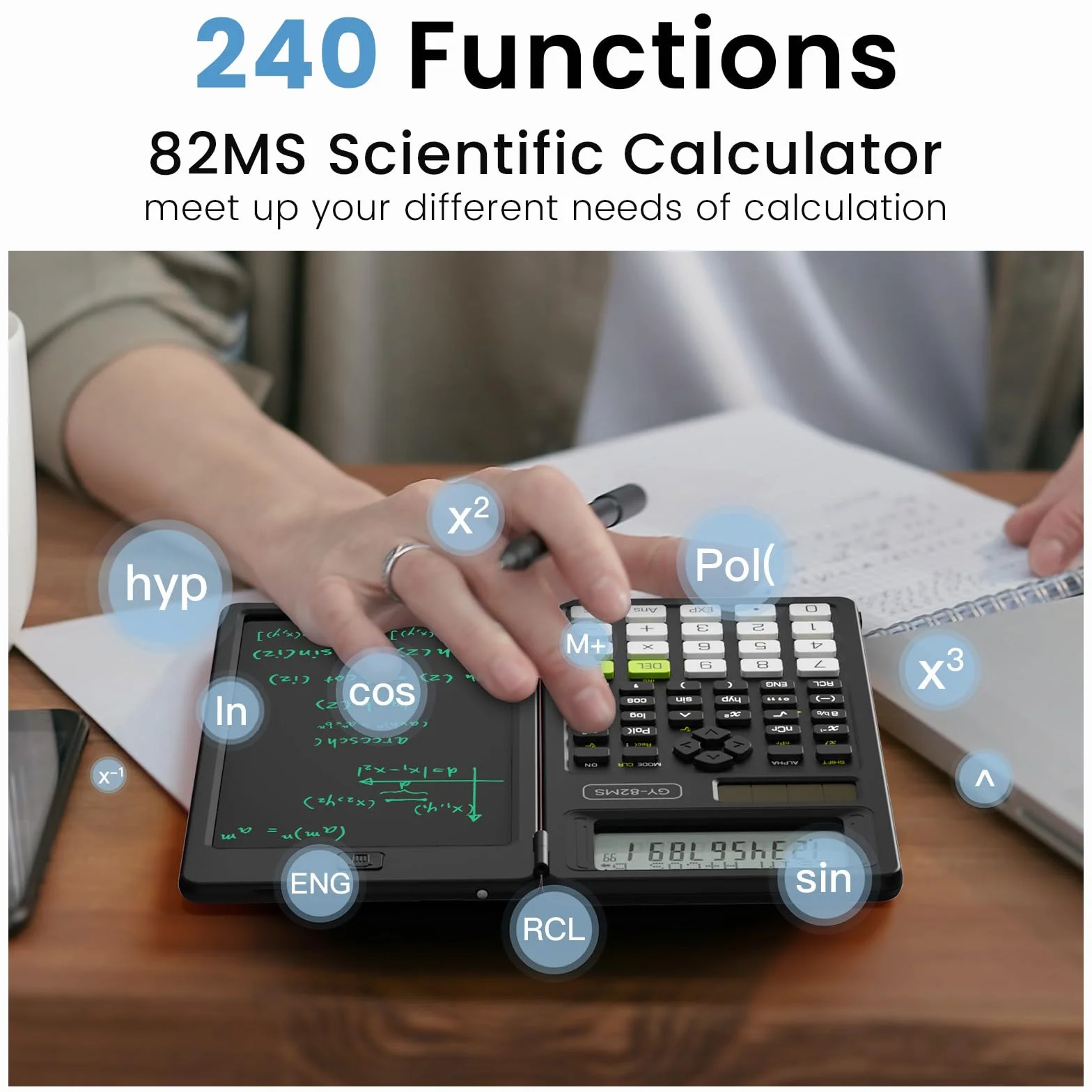 Calculatrice Scientifique ROATEE 82MS Plus Double Alimentation Solaire Pile LCD Réinscriptible Noir Clair