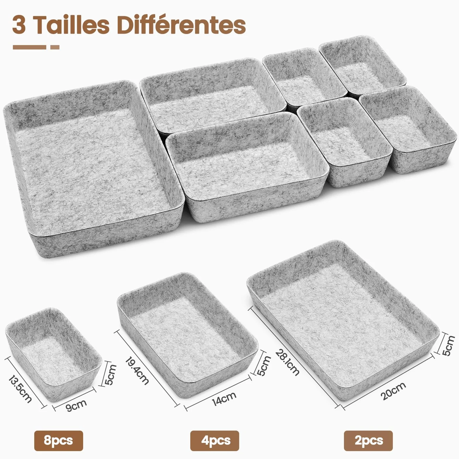 Eurhomewit Organisateur de Tiroir 14 Pièces en Feutre Gris - Boîtes de Rangement Empilables