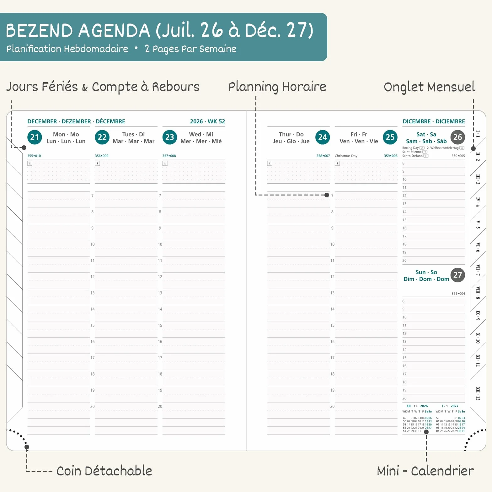 Agenda 2026 2027 A4 Semainier 18 Mois Juil. 2026 à Déc. 2027, Couverture Rigide Cuir PU Rouge