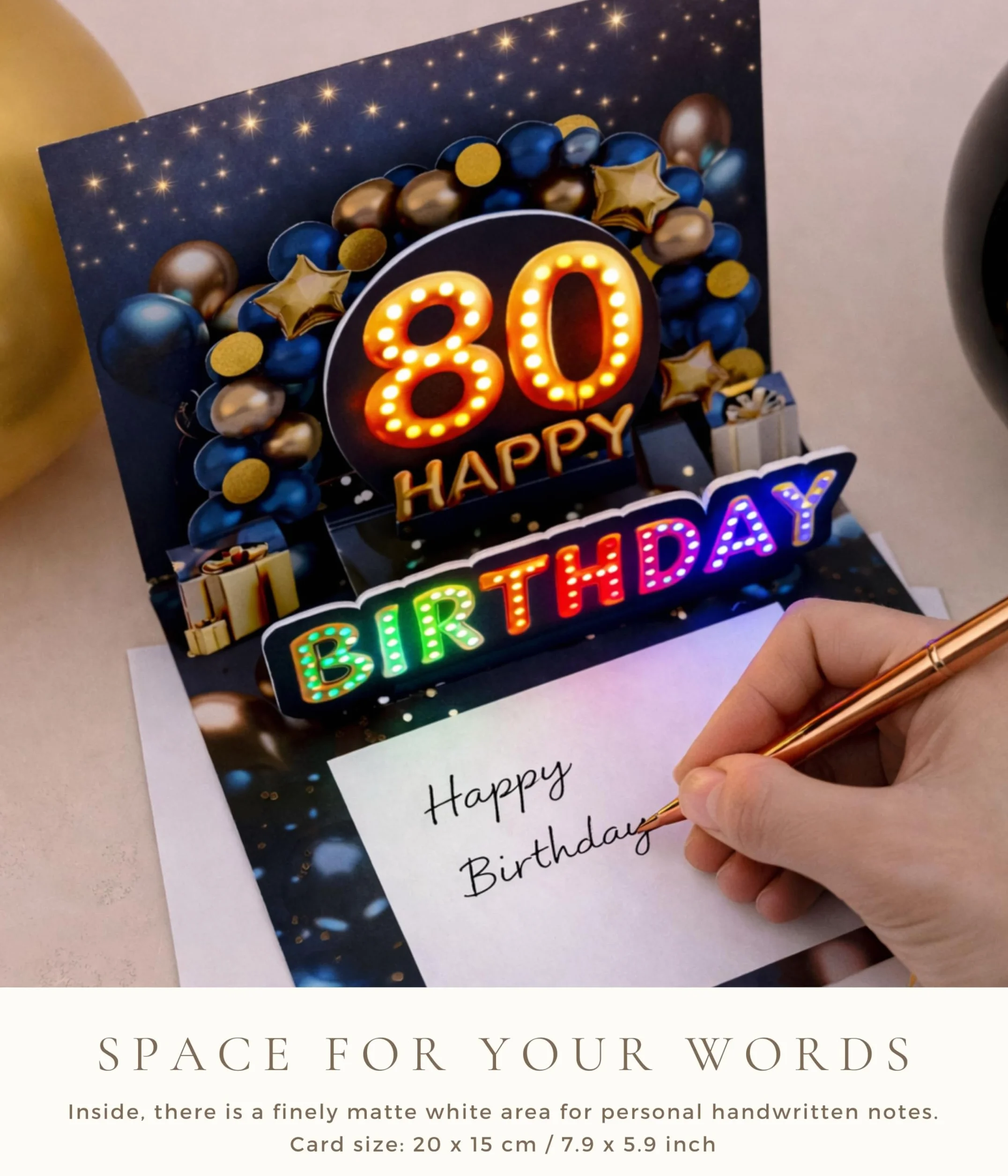 Carte anniversaire 80 ans avec musique et lumière – Carte pop up 3D pour homme, 20 x 15 cm, enveloppe et autocollant