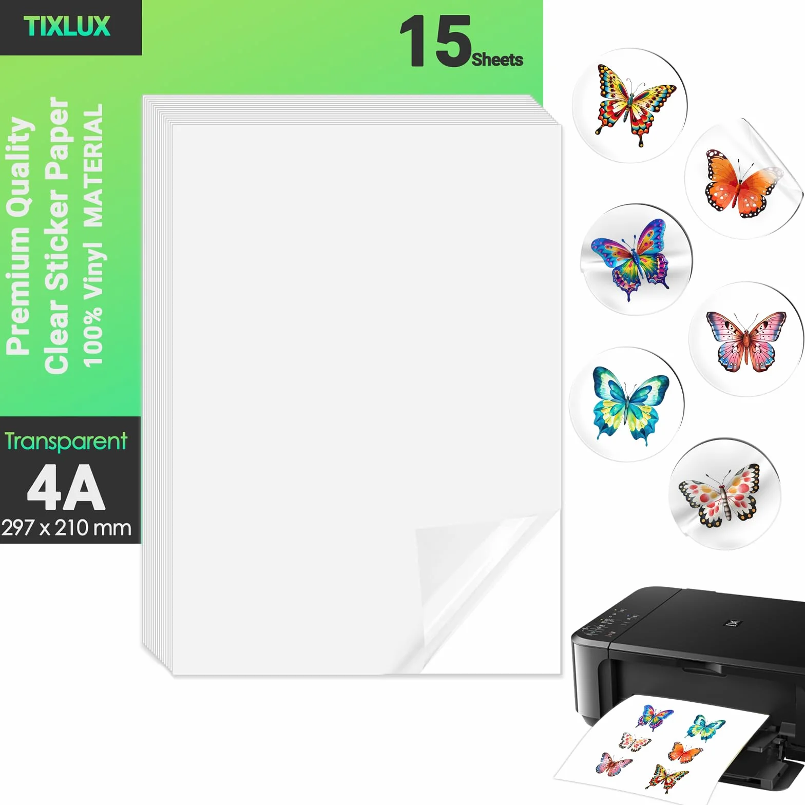 Papier autocollant vinyle transparent A4 297x210mm pour imprimante jet d'encre Tixlux