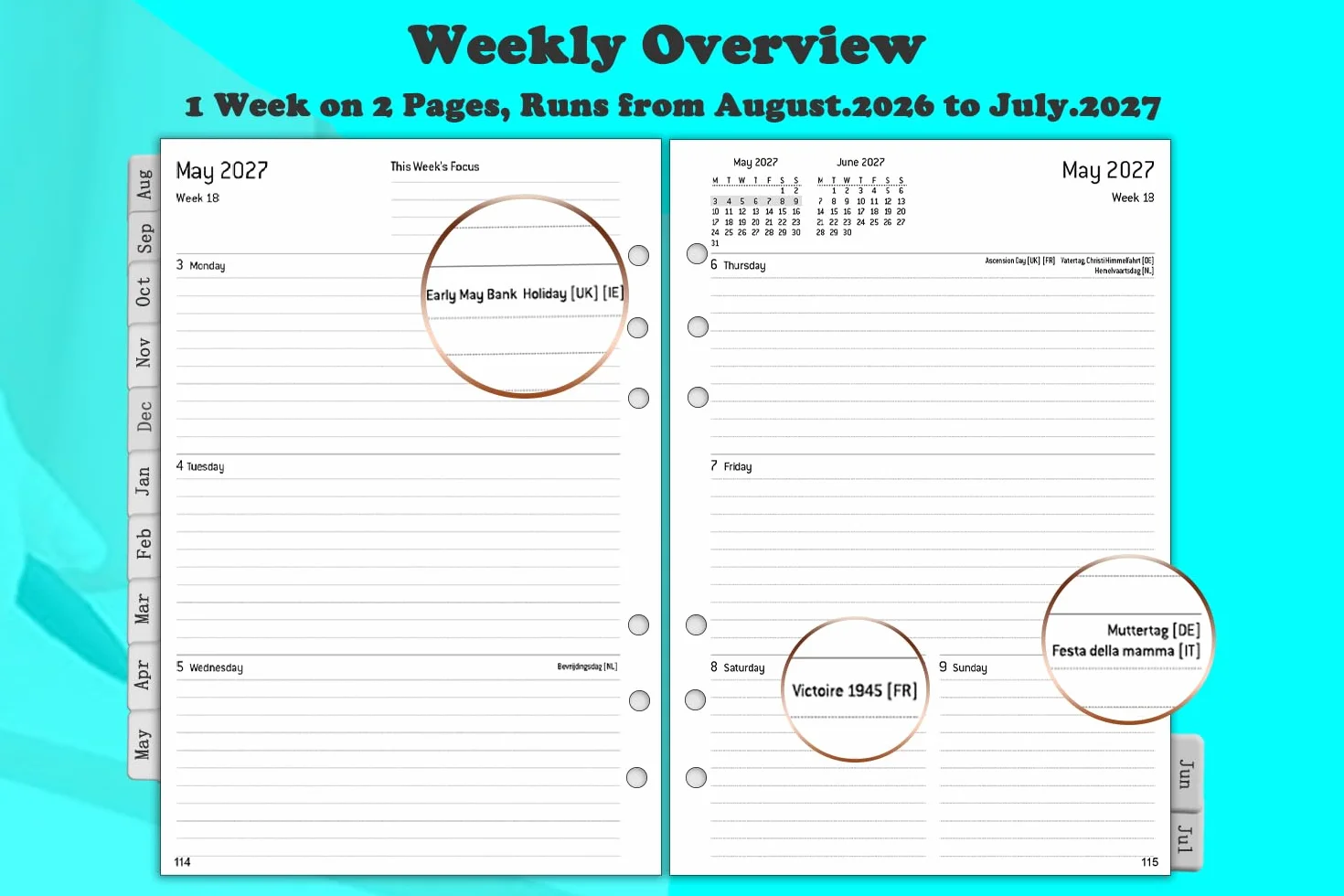 Agenda semainier 2026-2027 A5 6 trous 1 semaine sur 2 pages 100 g/m² recharge calendrier 153 x 21 mm