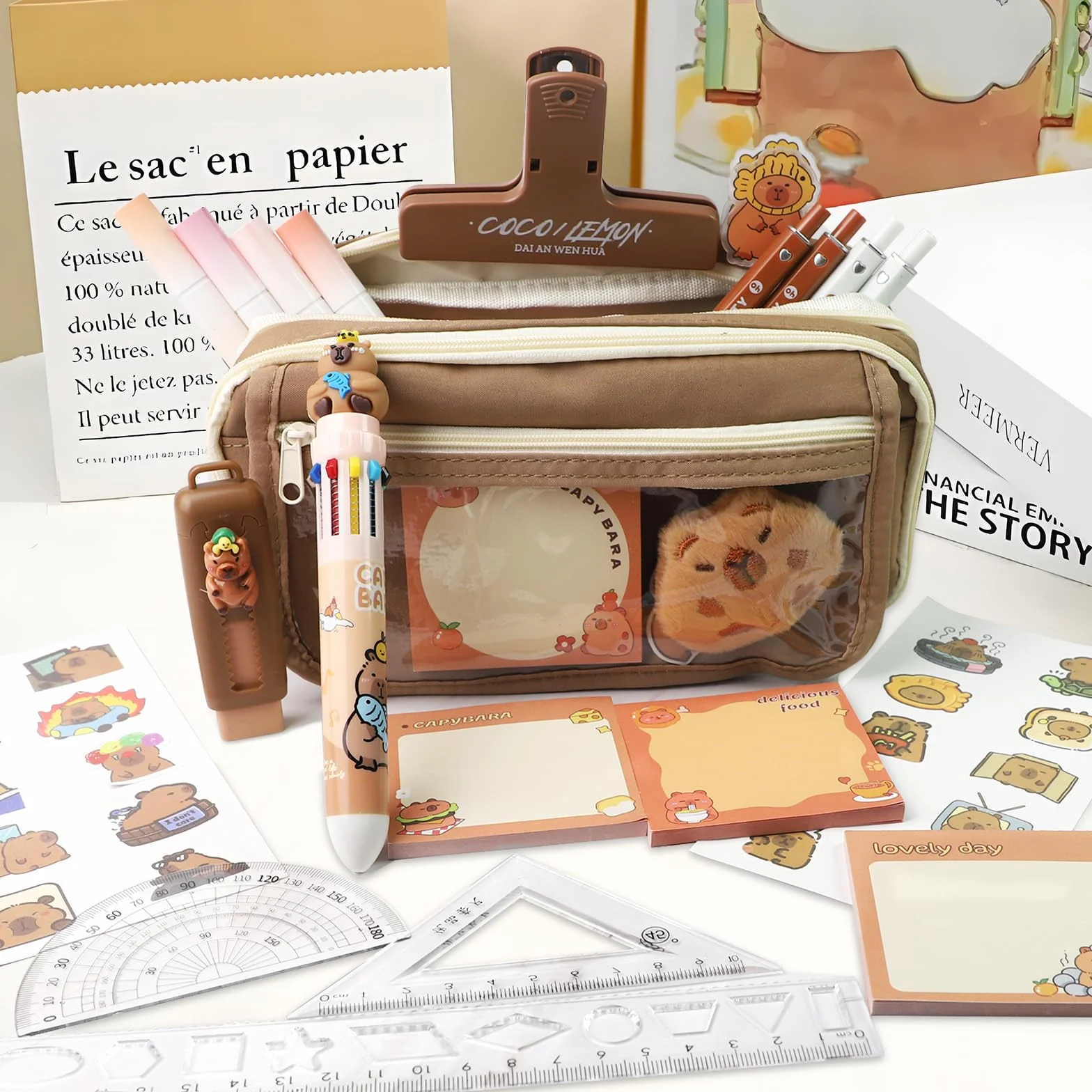 Ensemble Papeterie Capybara 26 Pièces Trousse à Crayons Kawaii Stylos Règle Autocollants Rentrée Scolaire
