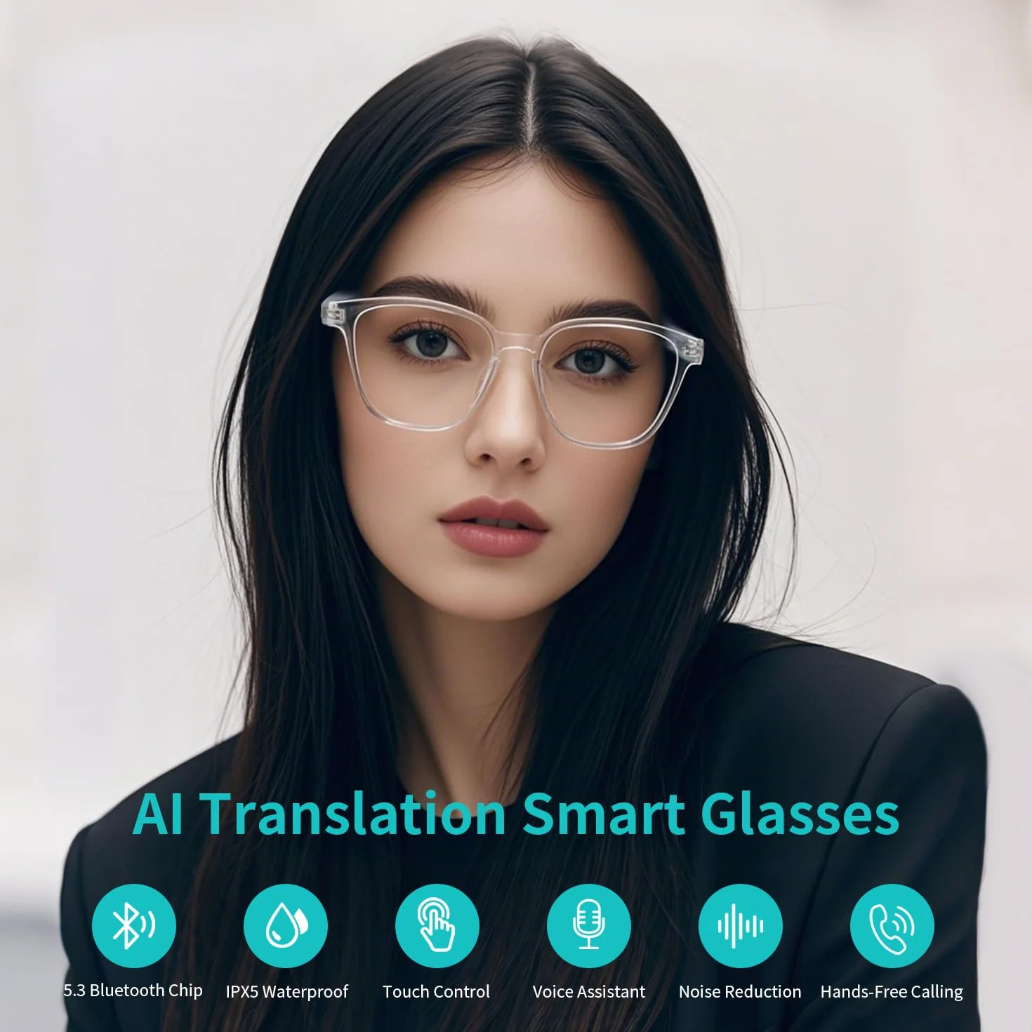 Lunettes intelligentes traducteur AI, traduction bilingue temps réel, verres photochromiques, cadre bleu, 160+ langues, design léger voyage affaires