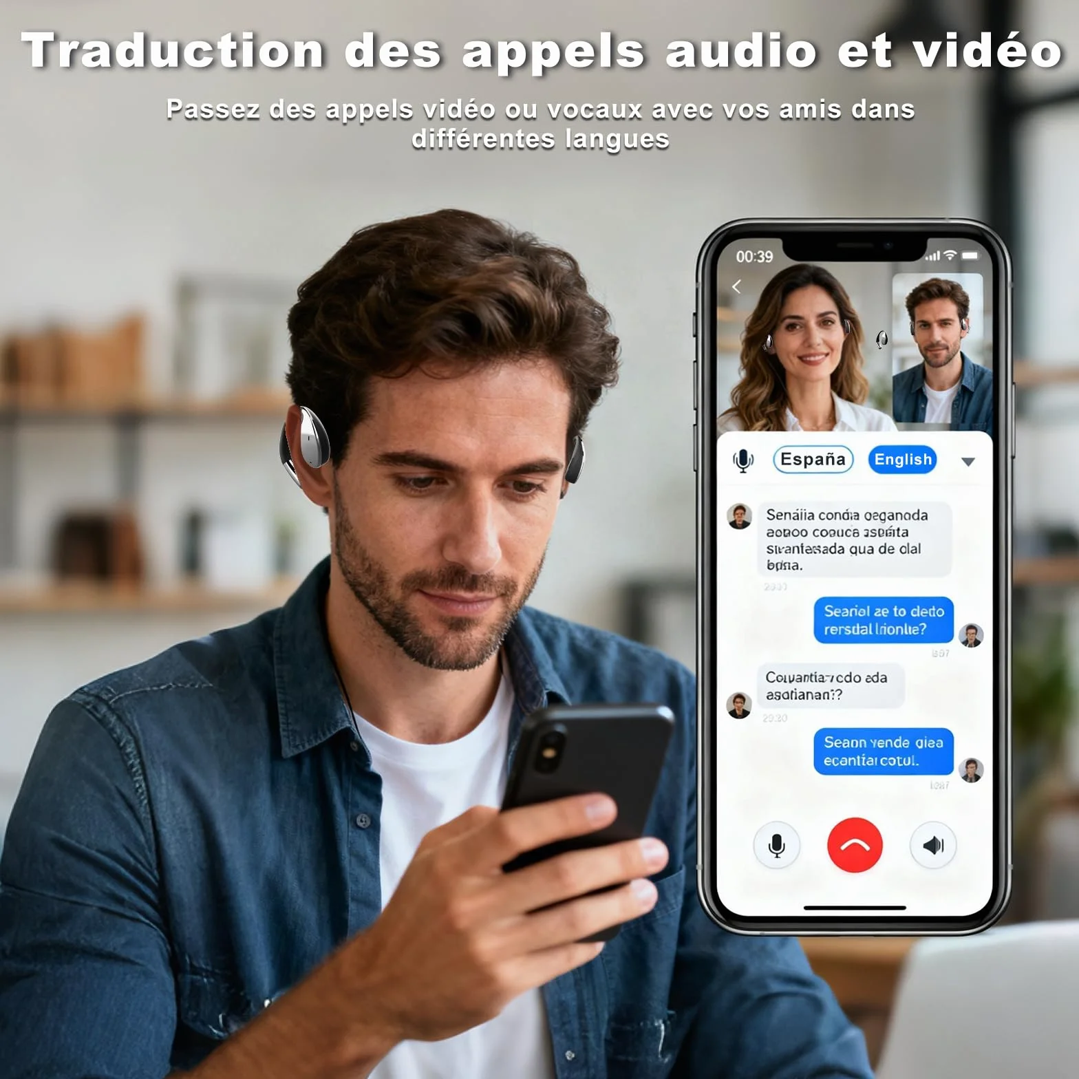 AI Ecouteur Traducteur Vocal Instantané 60H Bluetooth 5.4 Ecouteurs sans Fil Open Ear 164 Langues 3 en 1 Traduction Vocale