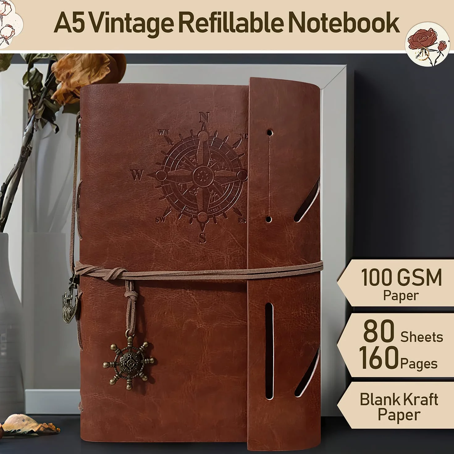 Carnet de Notes A5 Cuir Synthétique Rechargeable Vintage Journal Voyage Croquis Marron