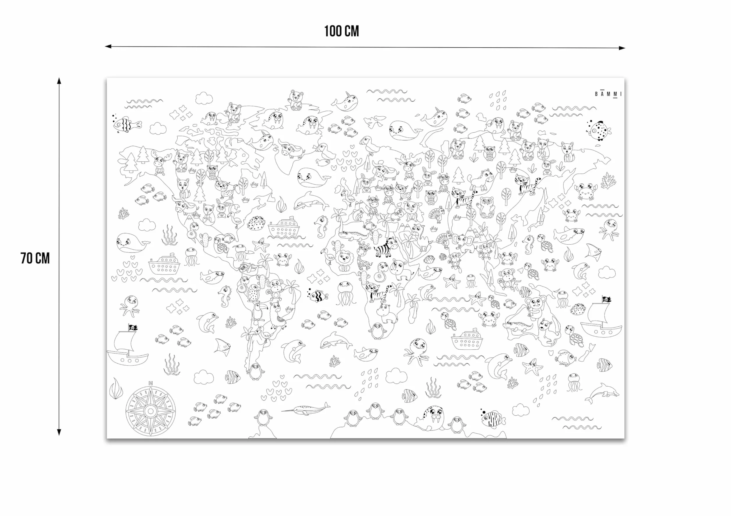 BAMMI Poster Géant à colorier Le Monde des Animaux 100 cm x 70 cm Carte du monde Papier Qualité Supérieure Made in France