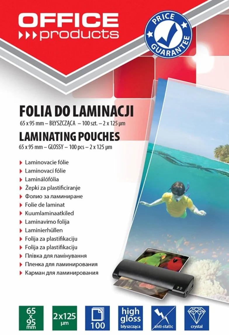Pochette de Plastification Brillantes 65 x 95 mm 125 micron Pack de 100 Feuilles Transparent
