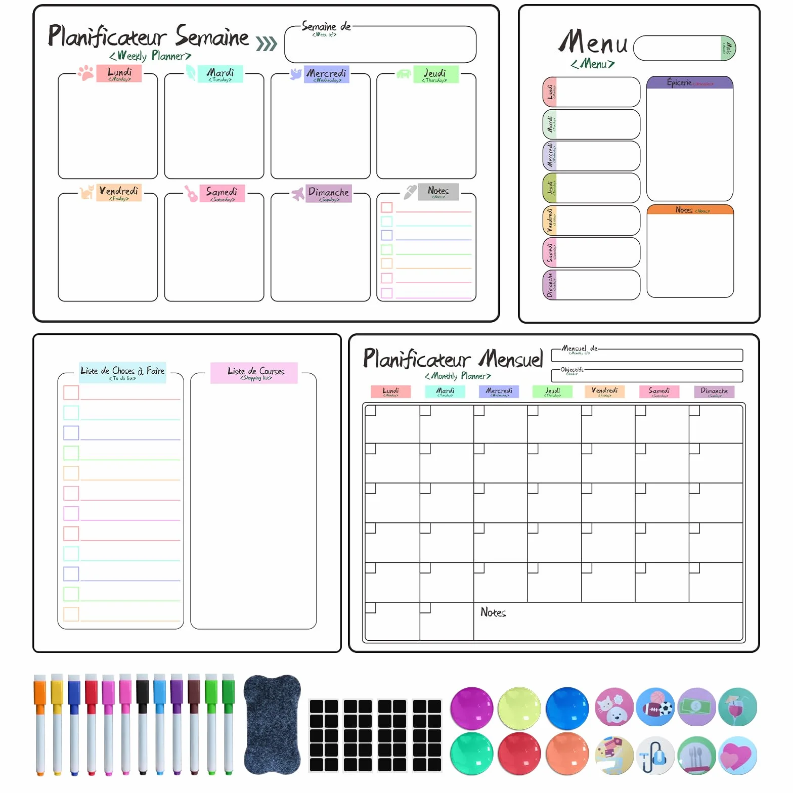 Calendrier Magnetique Frigo 4 Pièces Planificateurs Mensuels Magnétiques Effaçables Tableau Menu Semaine Liste de Courses