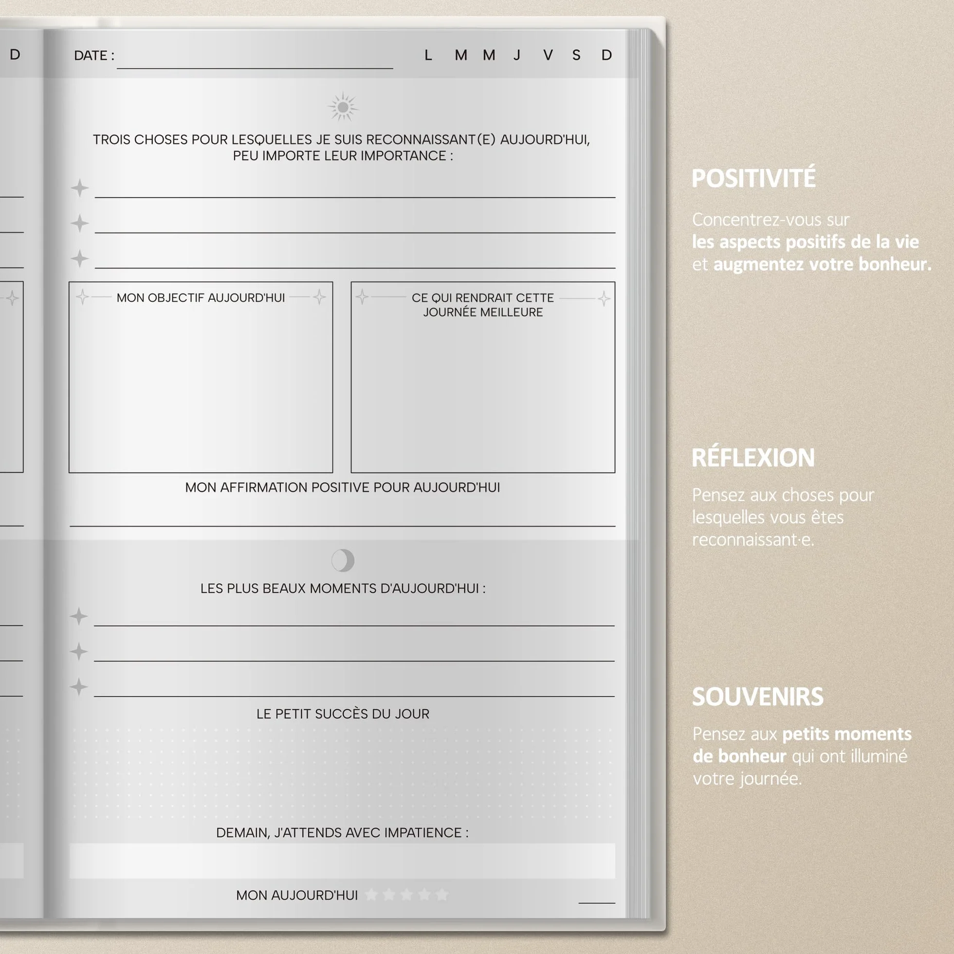 BIROYAL A5 Journal de Gratitude Pleine Conscience 128 Pages Couverture Rigide Beige