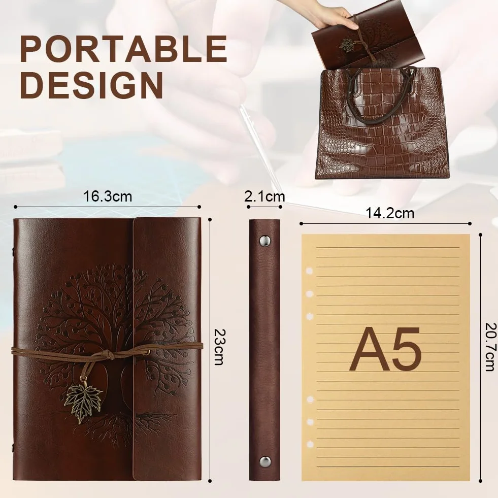 Carnet De Voyage A5 Cuir Synthétique Rechargeable Spirales Papier Kraft Ligné Pendentifs Vintage Journal Intime