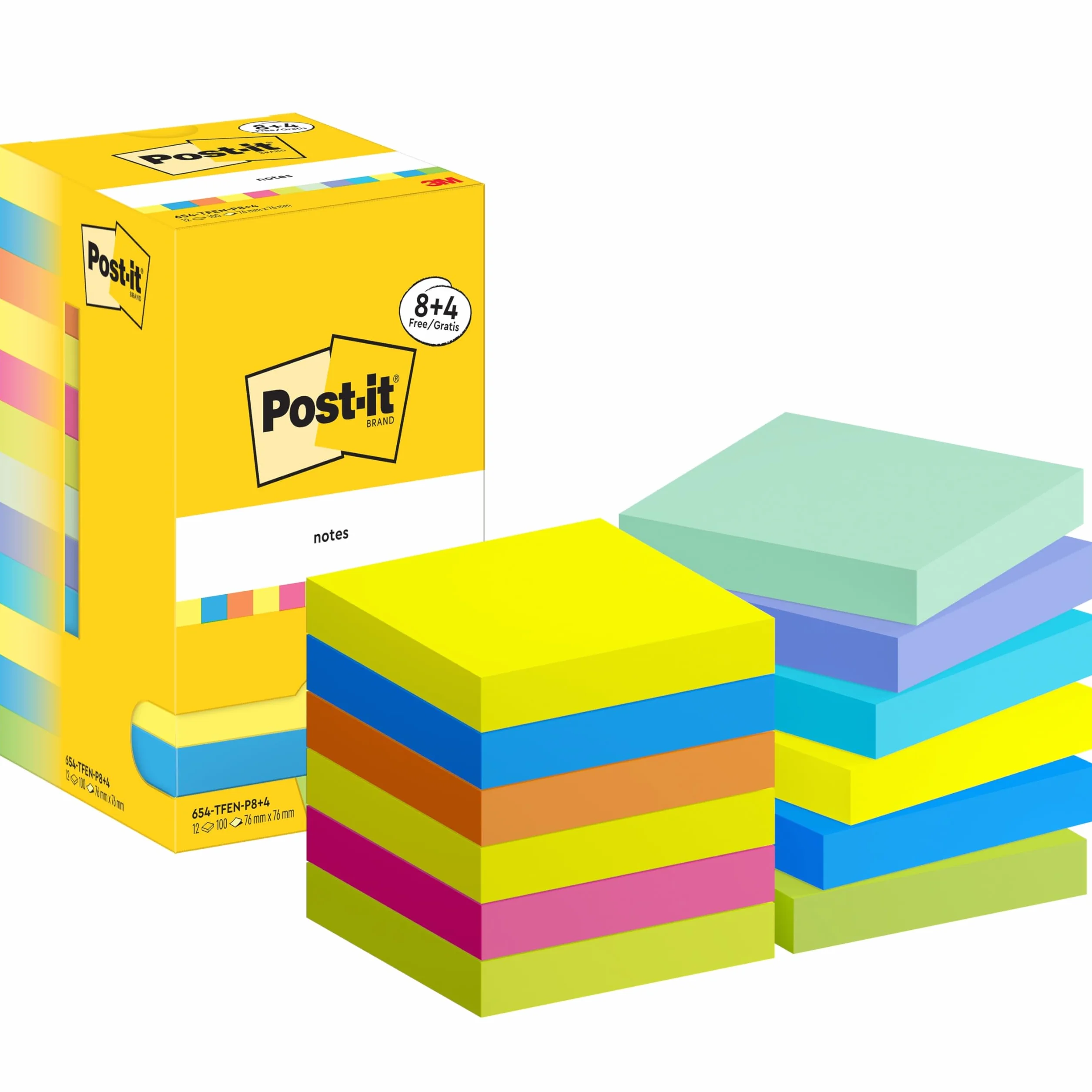 Post-it Notes Autocollantes 76 mm x 76 mm, 100 Feuilles par Bloc, Pack de 8 Blocs + 4 GRATUITS, Couleurs Energetic
