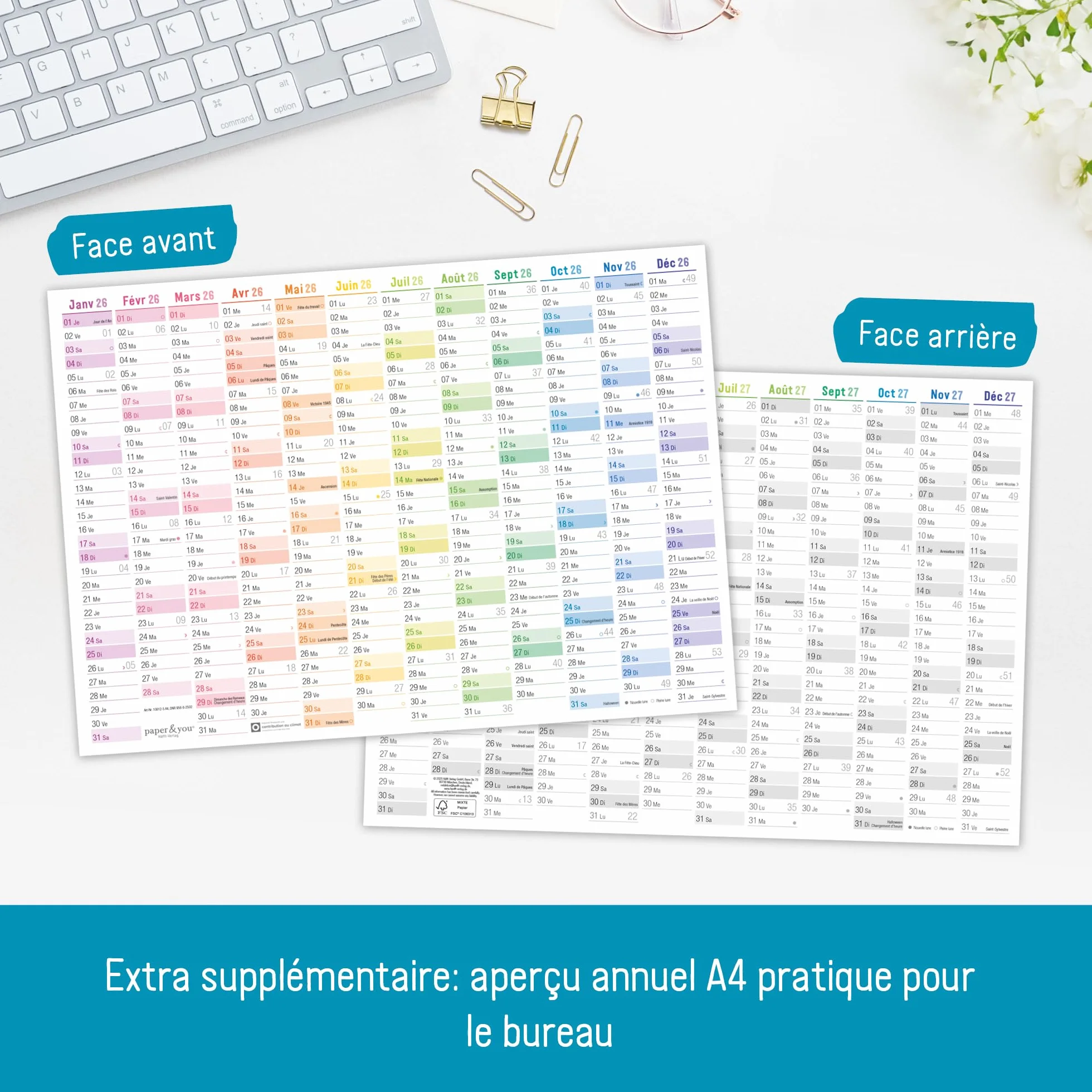 Häfft® Calendrier mural 2026 A3 français Rainbow 42 x 29,7 cm plié avec jours fériés