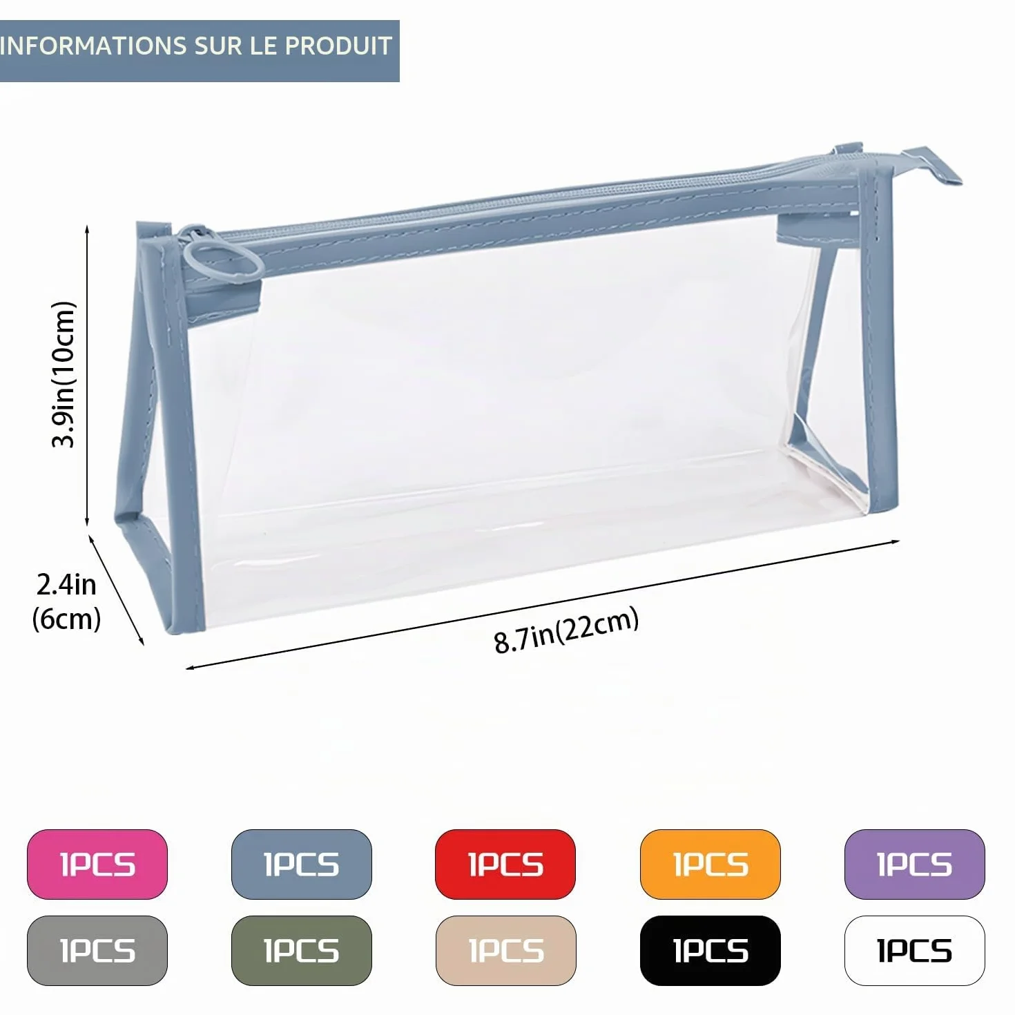 Lot de 10 trousses transparentes avec fermeture éclair pour crayons, maquillage, articles de toilette, multicolore, 22 x 6 x 10 cm, Organiseur