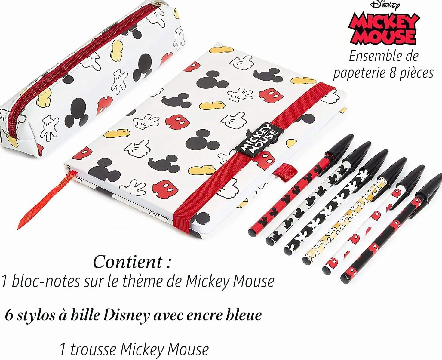 Disney Set Papeterie Kawaii Fournitures Scolaires Bureau Carnet Trousse Stylo Enfant Fille Adulte Cadeau Mickey Minnie Bourriquet Baby Yoda Blanc Rouge