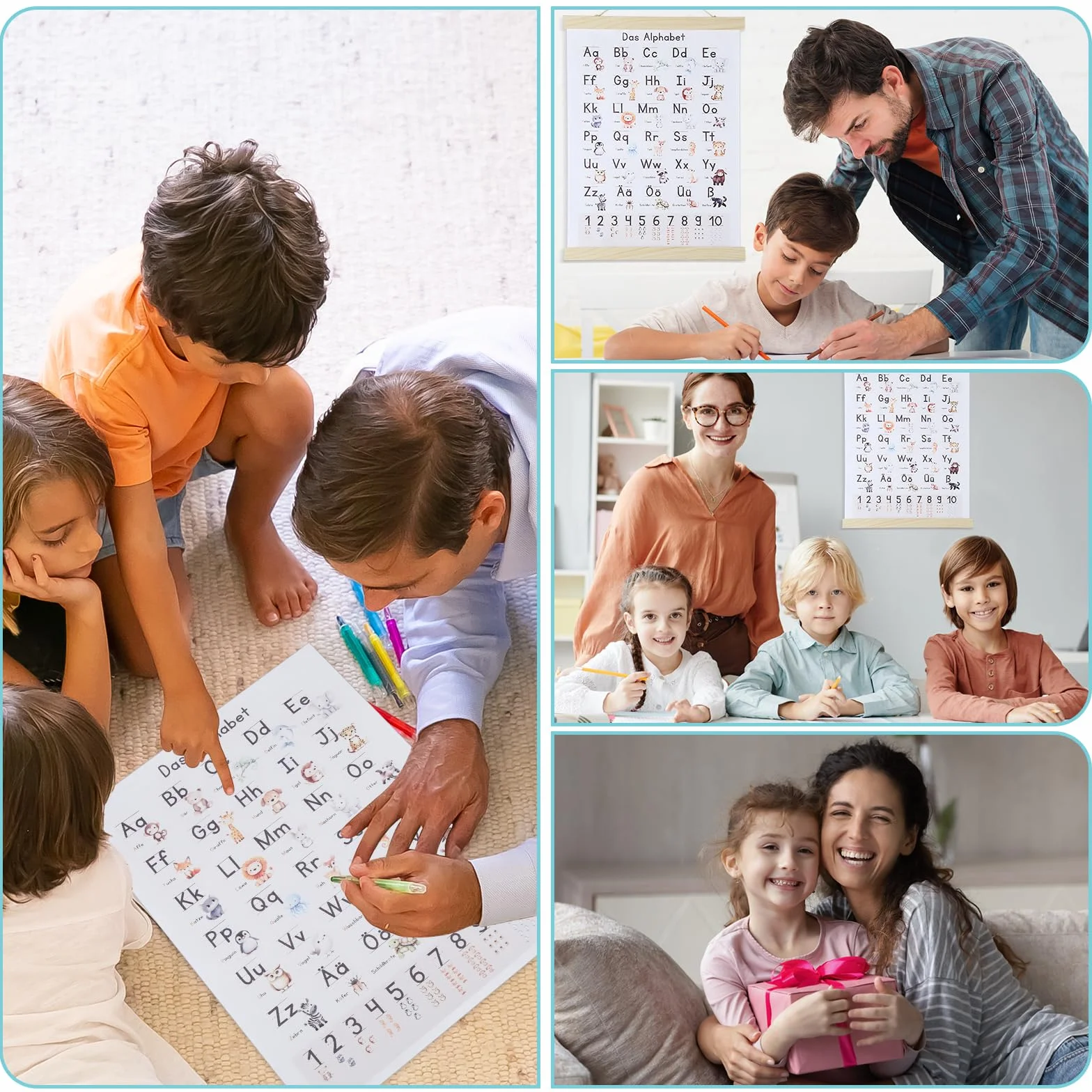 Affiche Alphabet Enfant 30x40 cm Poster A à Z avec Cadre et Bâton de Lecture