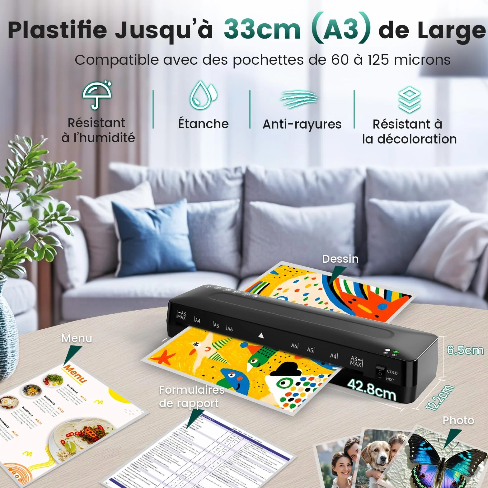 Plastifieuse A3 5 en 1 Machine à Plastifier Thermique et à Froid avec Pochettes A3/A4/A5/A6, Coupe-papier et Arrondisseur d'angle