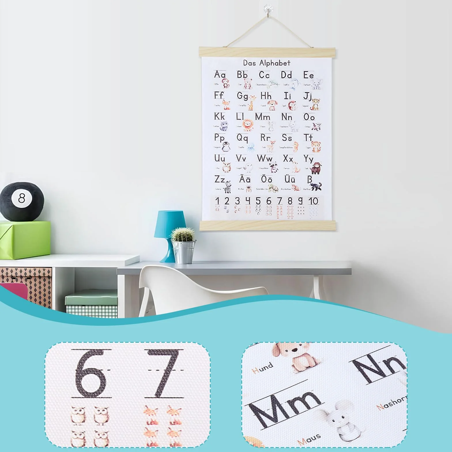 Affiche Alphabet Enfant 30x40 cm Poster A à Z avec Cadre et Bâton de Lecture