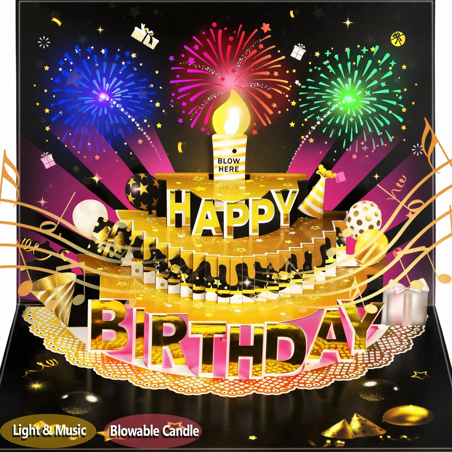 Carte d'anniversaire pop-up 3D avec lumières et son, bougie LED soufflée, carte musicale chantante Noir et doré