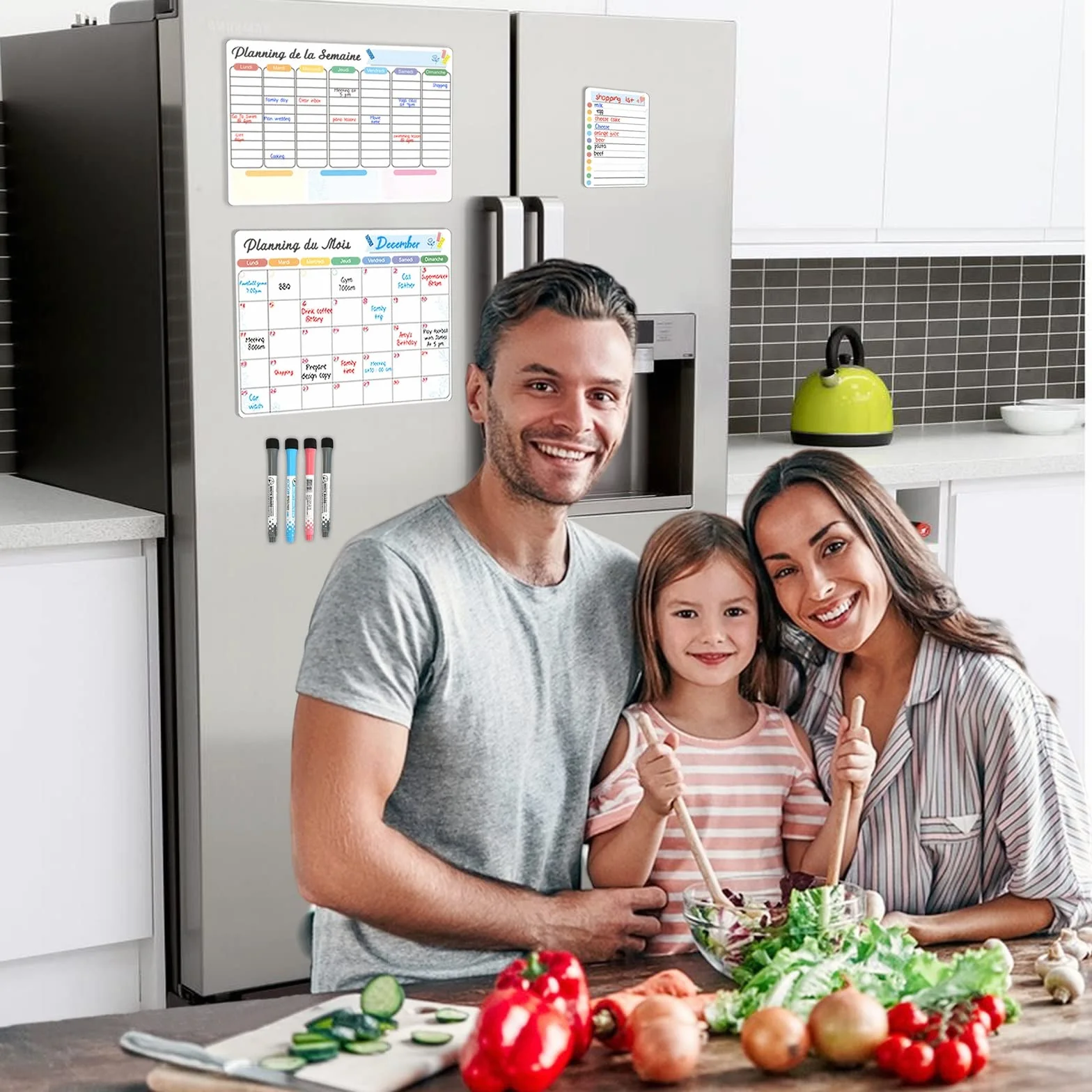 Calendrier Magnétique Effaçable à Sec pour Frigo, 3 Plannings Mensuel Hebdomadaire Quotidien, Tableau Blanc Aimanté avec 4 Marqueurs et 1 Gomme