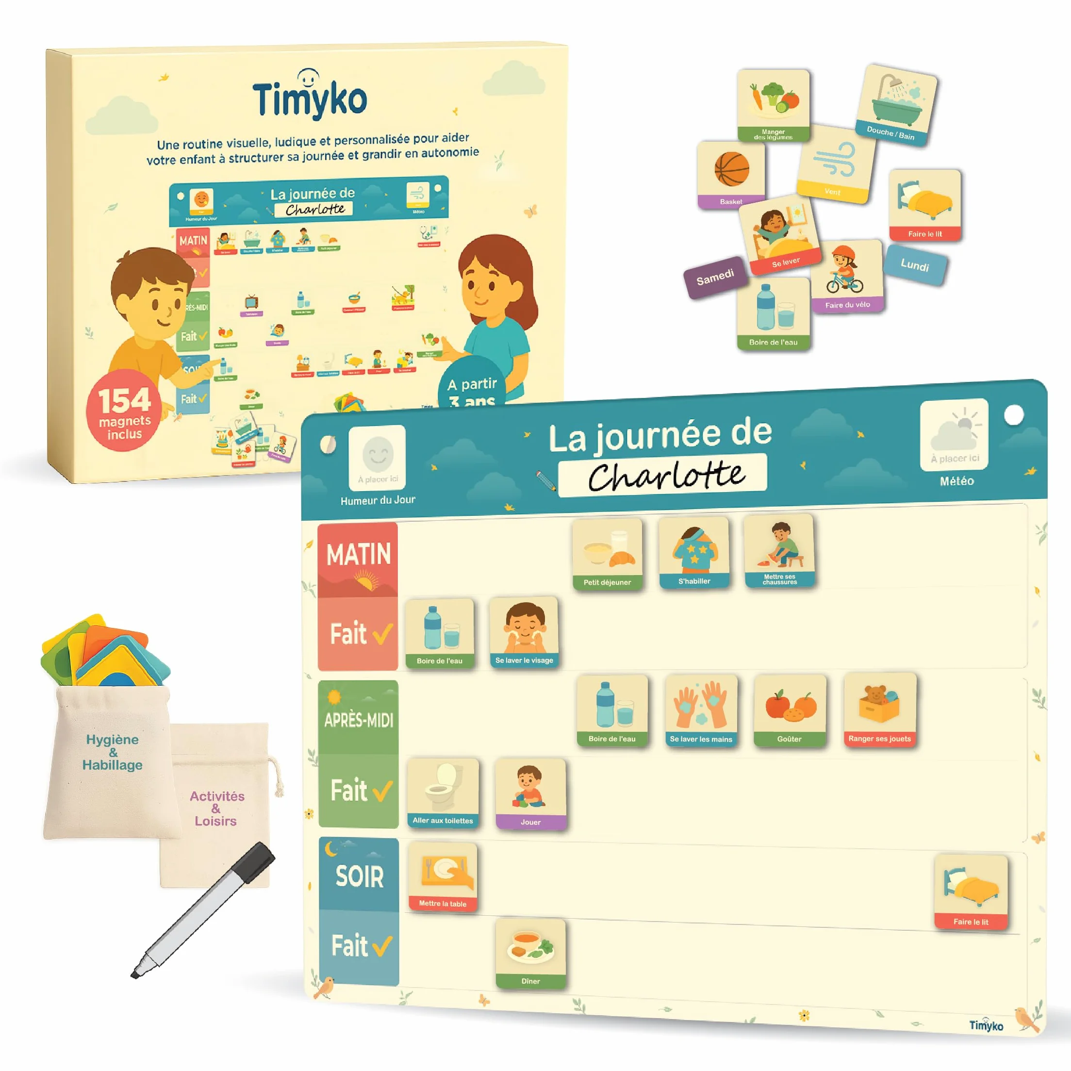 Tableau Magnétique Montessori pour Enfant avec 154 Magnets Illustrés et Sac de Rangement en Coton