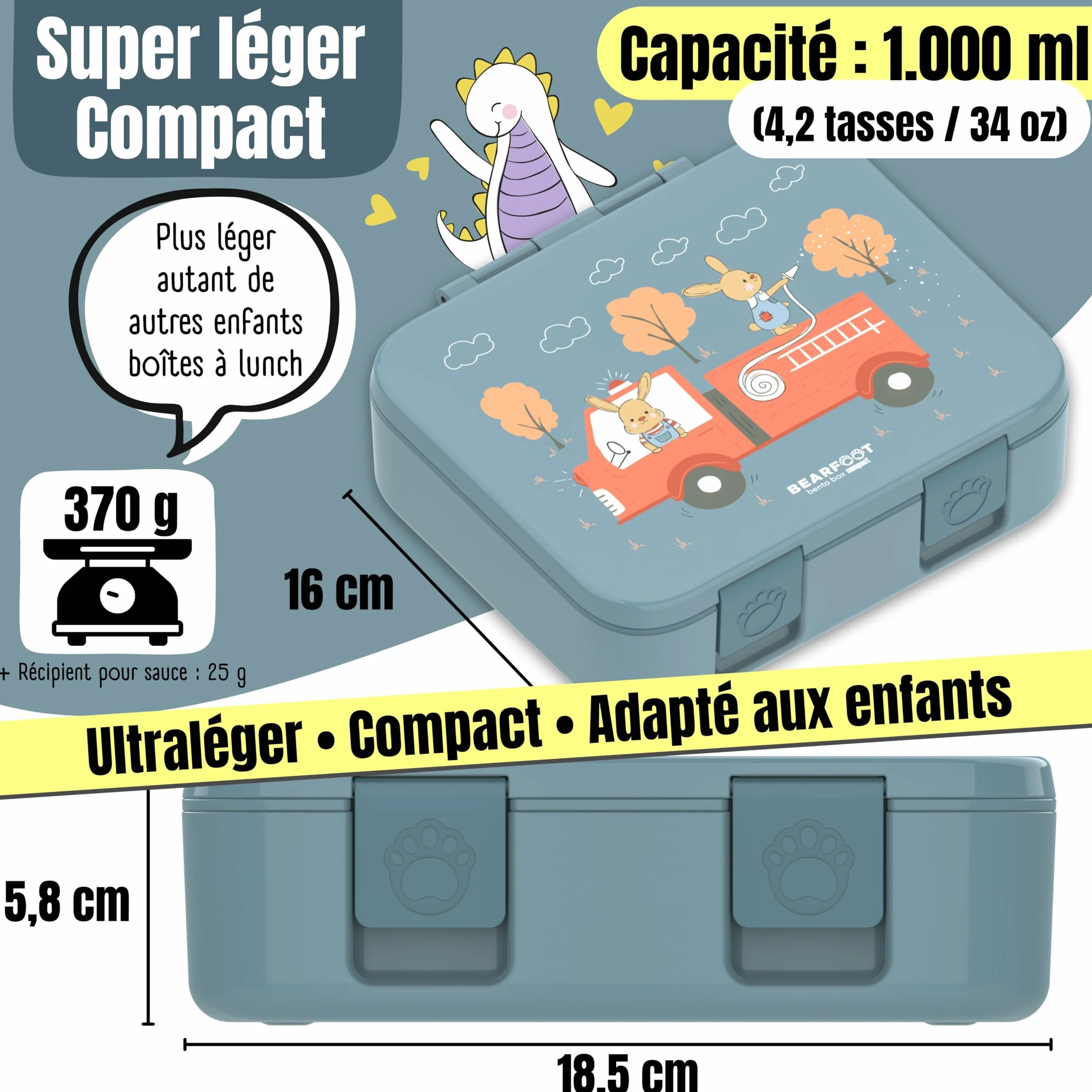 BEARFOOT Bento Box COMPACT Boîte repas enfant sans BPA 1.000 ml