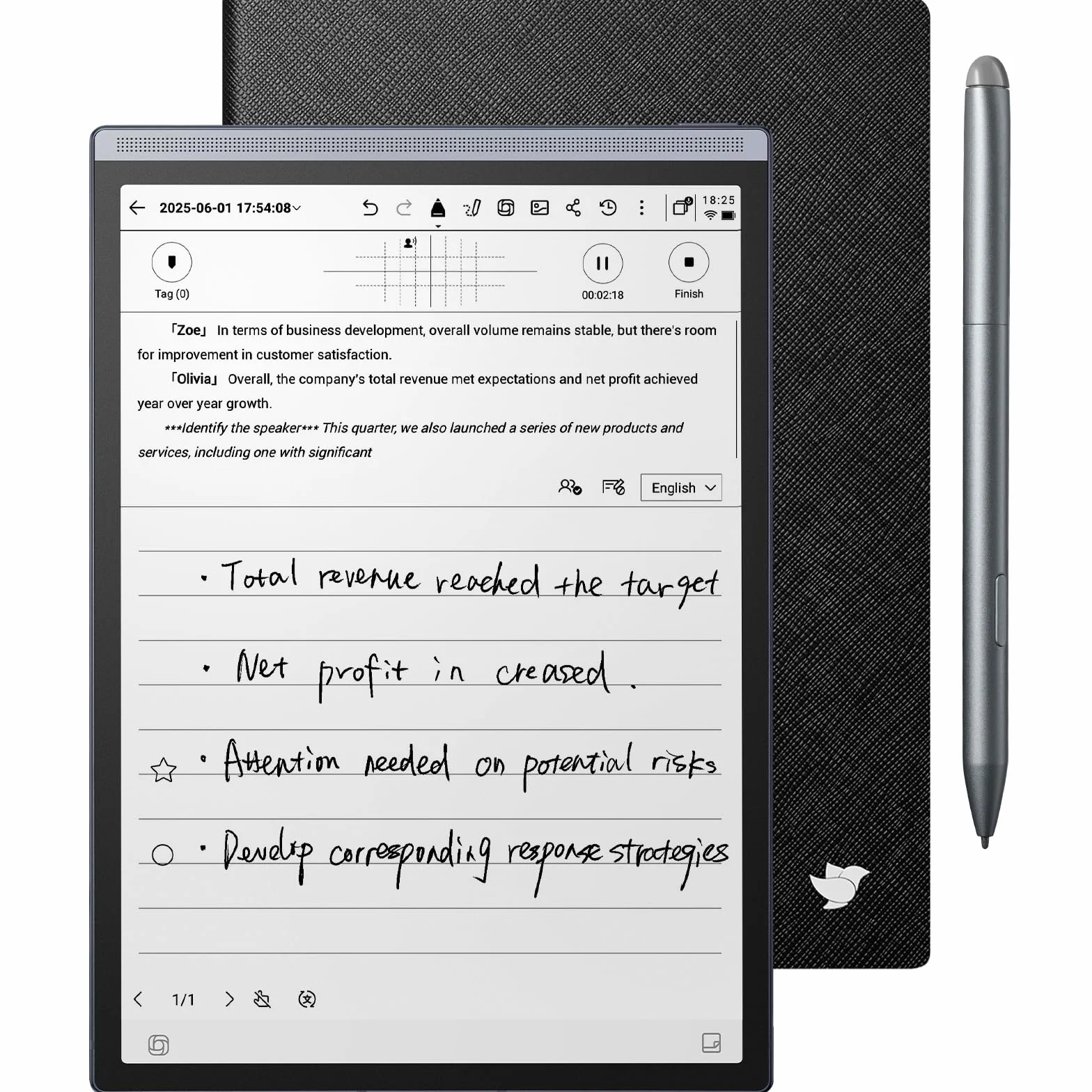iFLYTEK AINOTE Air 2 Bundle Étui Folio Noir 8,2" Tablette Prise de Notes avec Stylo Transcription Vocale Texte