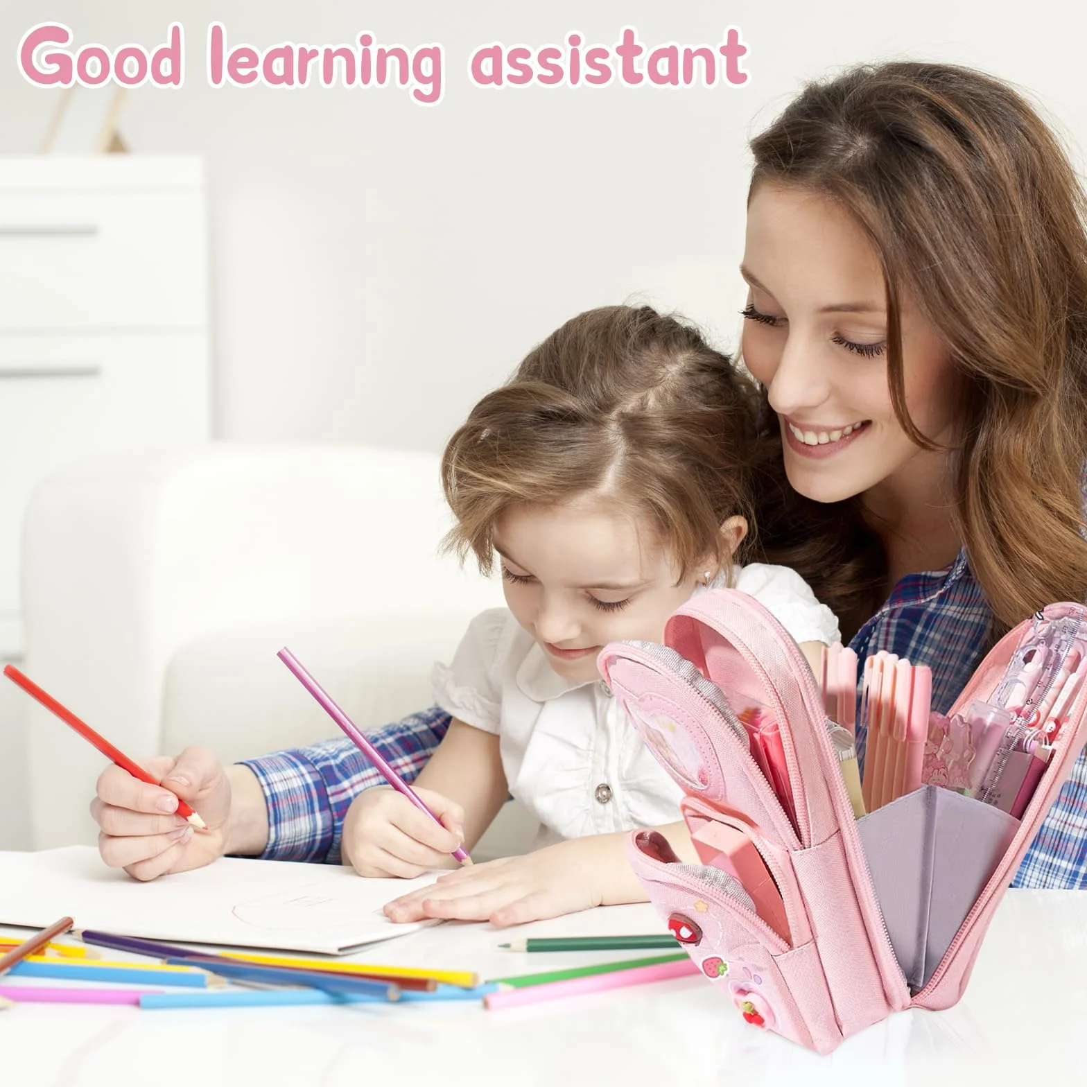 Trousse Crayon Cartoon Motif Big Capacity Pencil Case 3 Compartiments pour Étudiants Enfants Filles Garçons École Bureau (Rose)