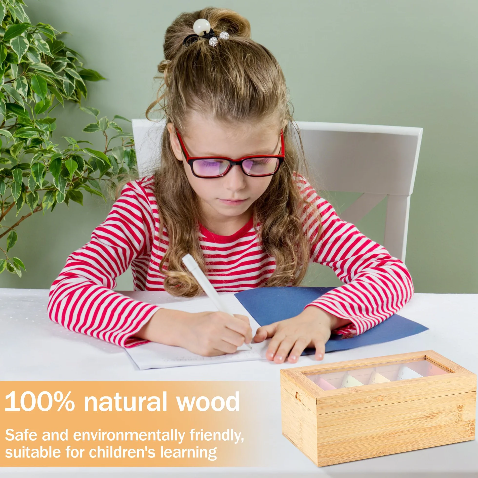 Boîte à Fiches en Bois avec Couvercle Transparent 5 Compartiments Ajustables 22x13x9 cm pour Fiches A7