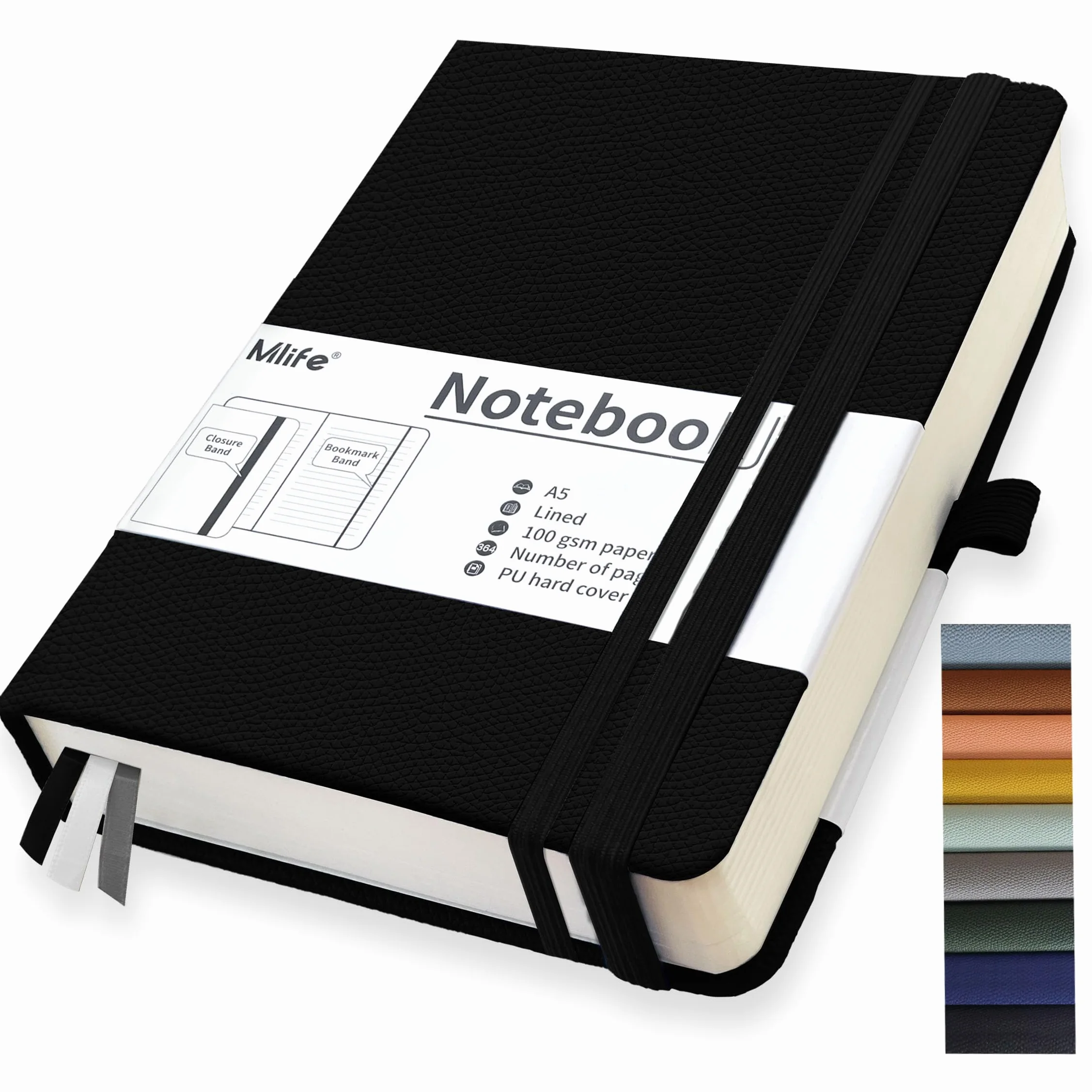 Mlife A5 Carnet de Notes Journal Épaissi 360 Pages 100g/m² Papier Résistant à l'Encre avec Pochette Pliante Noir