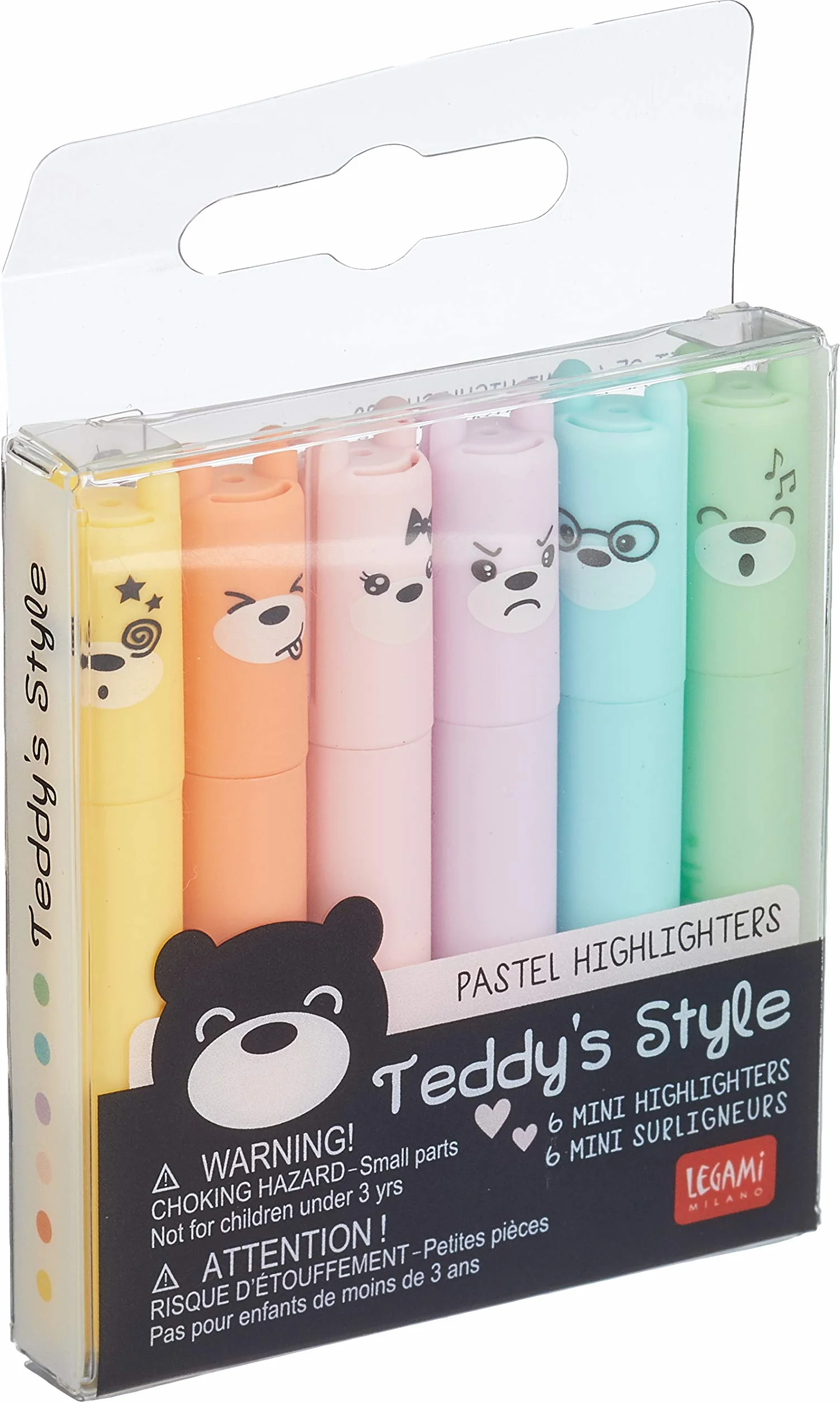 LEGAMI Teddy's Style Set de 6 Mini Surligneurs 1x7,5 cm Jaune Pêche Rose Lilas Bleu Clair Vert Clair