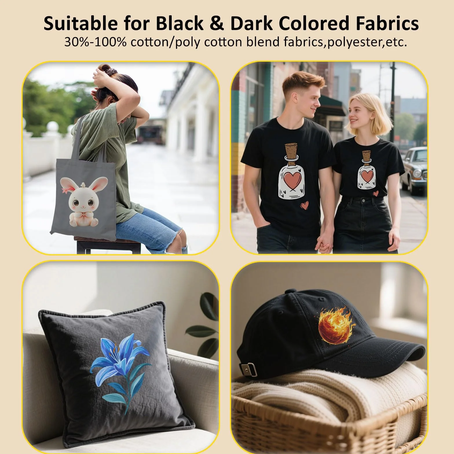 Papier Transfert Textile Noir Foncé 16 Feuilles Imprimante Jet d'Encre Laser Thermocollant T-Shirts Sacs Chapeau