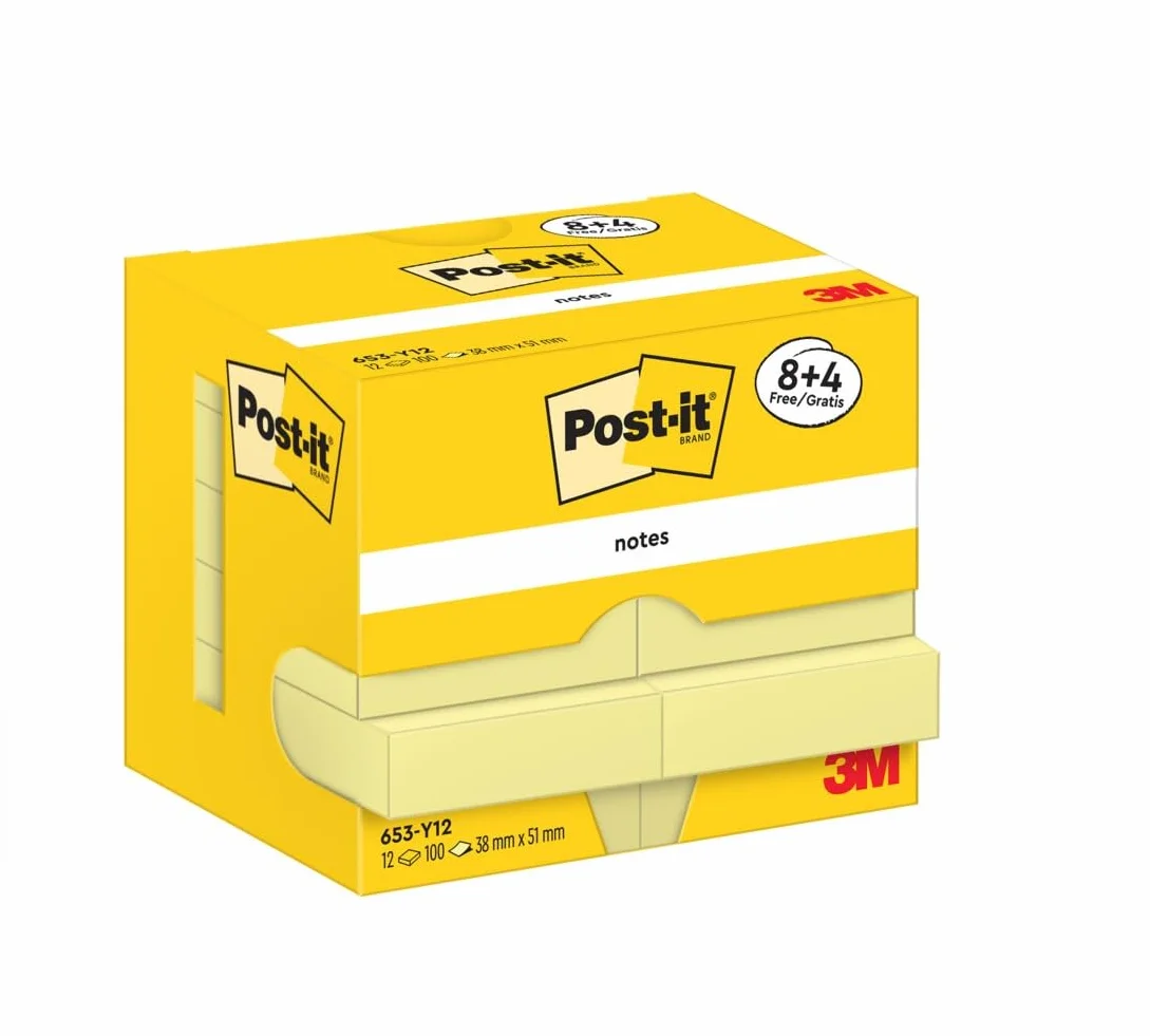 Post-it Notes Autocollantes, Pack Promo 12 Blocs, 100 Feuilles par Bloc, 38 mm x 51 mm, Jaune Pastel