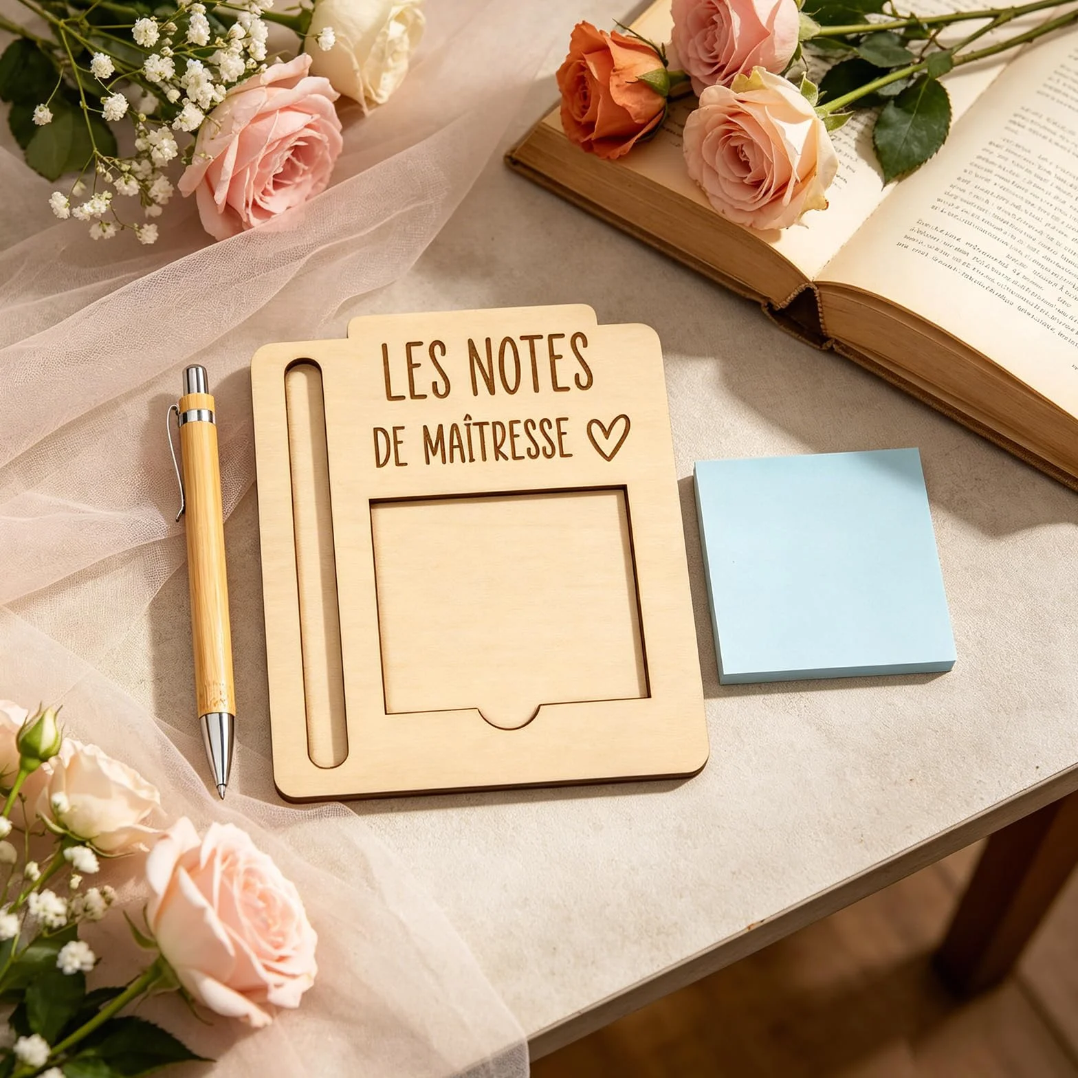 Ensemble 6 Pièces Porte-Notes En Bois Avec Stylos Et Pense-Bête, Cadeau Enseignante Original