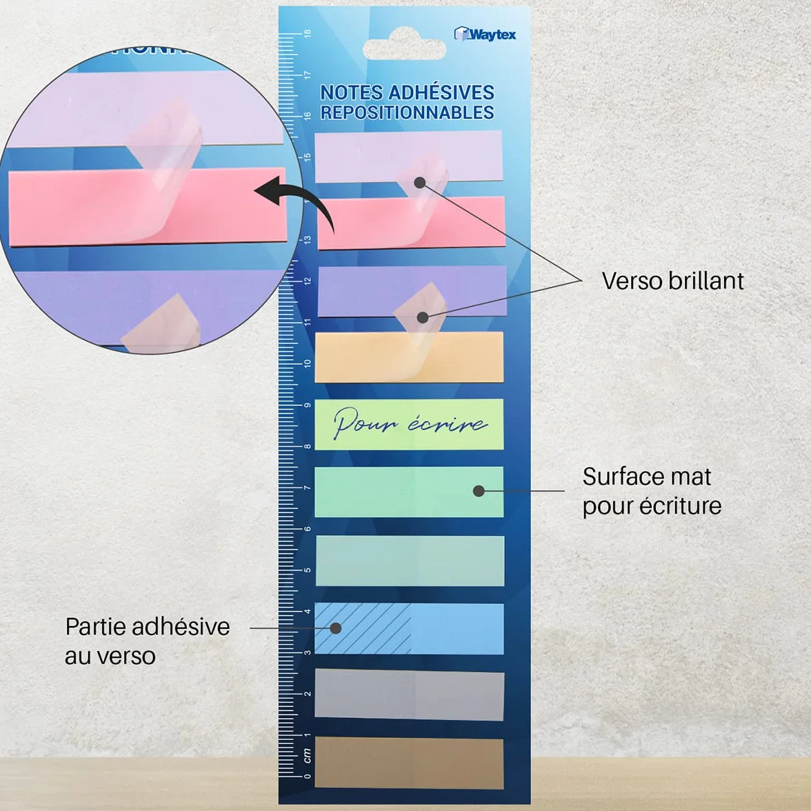 WAYTEX 200 Marque-pages adhésifs repositionnables plastifiés 10 couleurs 45 x 12 mm